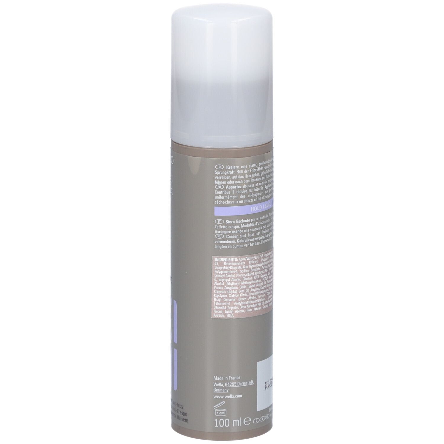 Achterkant van de fles. Tekst en barcode. Merk: Wella Professionals. Product: EIMI Flowing Form.