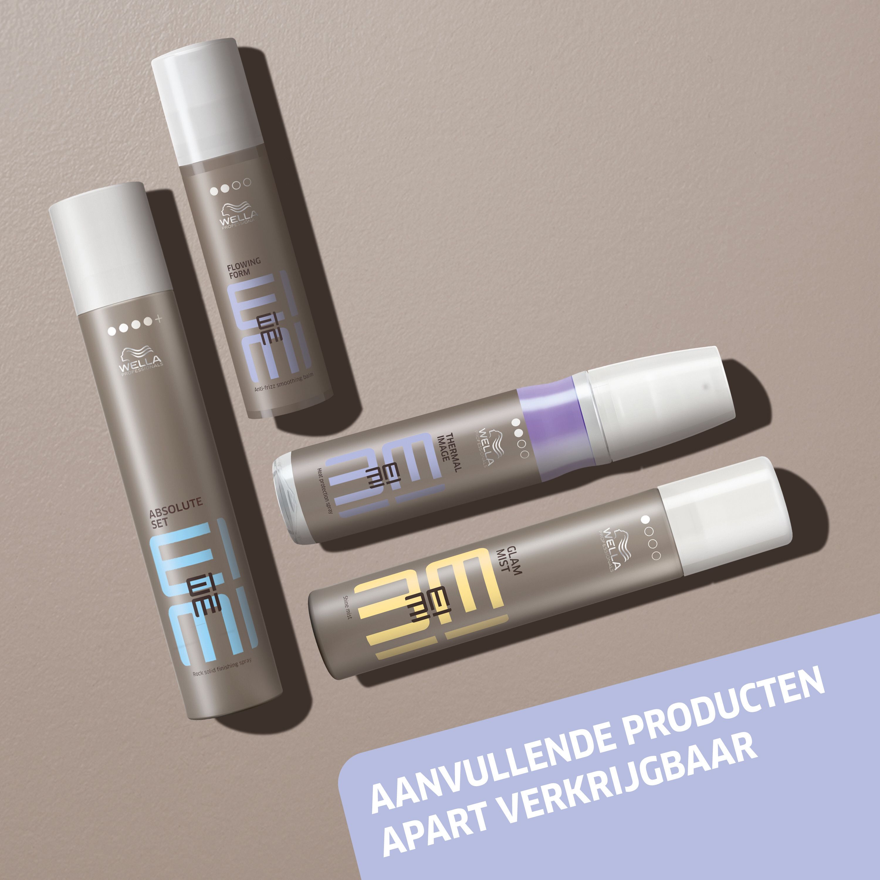 Verschillende producten, waaronder EIMI Flowing Form. Tekst: Aanvullende producten apart verkrijgbaar.