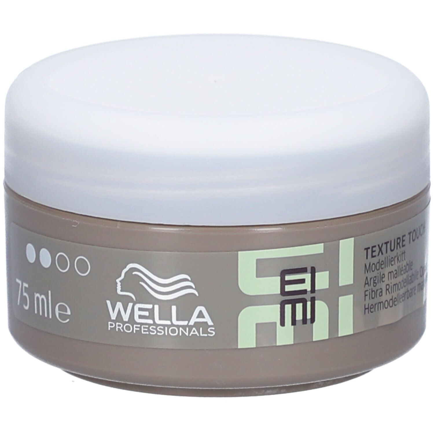 Ronde pot met witte deksel. Opschrift: EIMI, Wella Professionals, 75 ml. Texture Touch.
