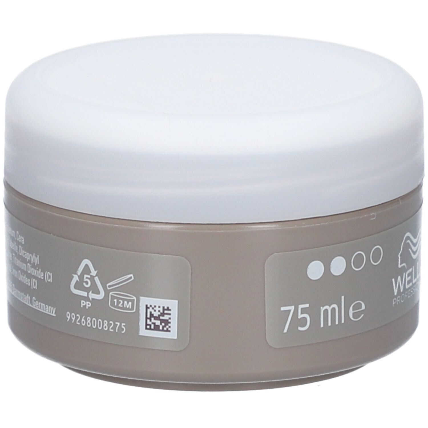 Ronde pot met witte deksel. Opschrift: 75 ml, Wella Professionals. Recycling symbool, 12M.