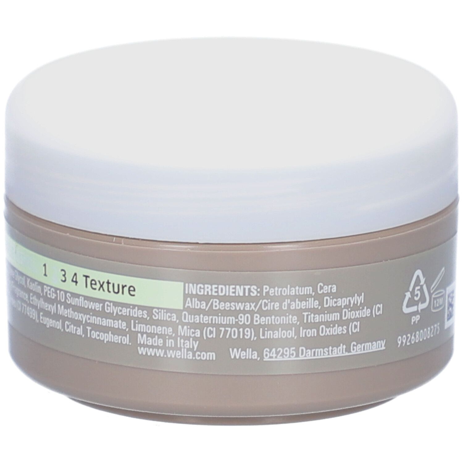 Ronde pot met witte deksel. Opschrift: Ingrediënten, www.wella.com, Wella, 64295 Darmstadt, Duitsland.