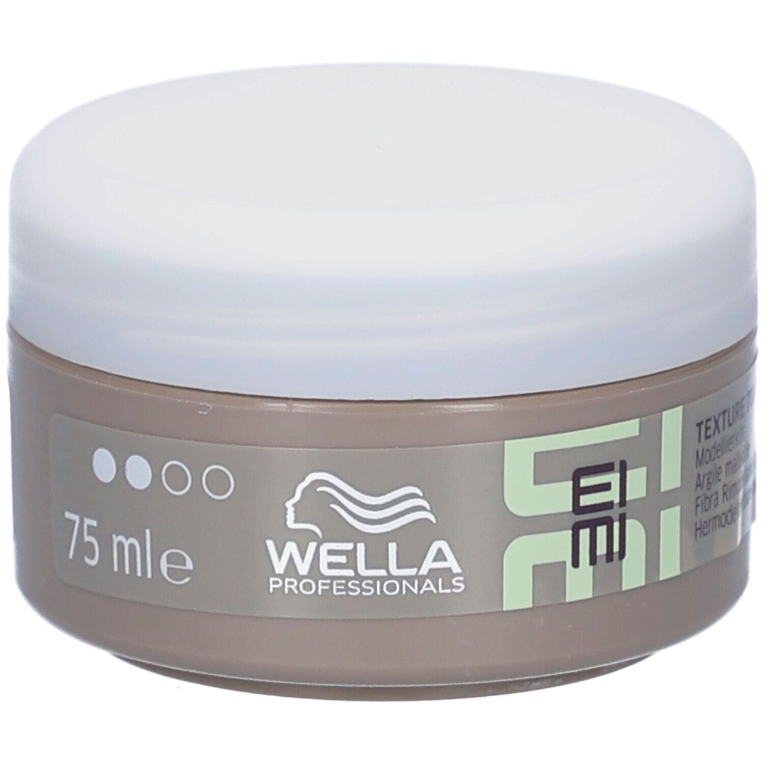 Ronde pot met witte deksel. Opschrift: EIMI, Wella Professionals, 75 ml. Texture Touch.