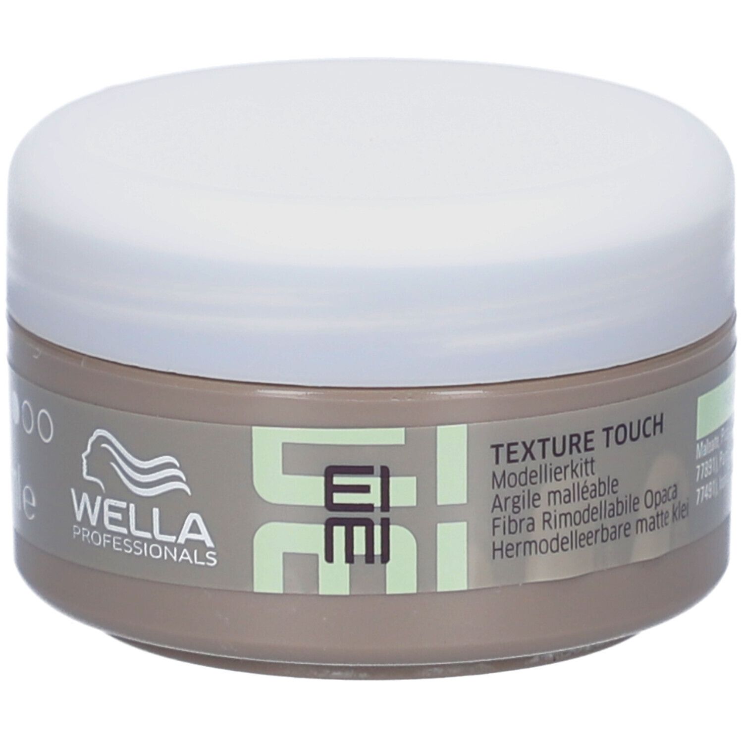 Ronde pot met witte deksel. Opschrift: EIMI, Texture Touch, Modellierkitt, 75 ml.