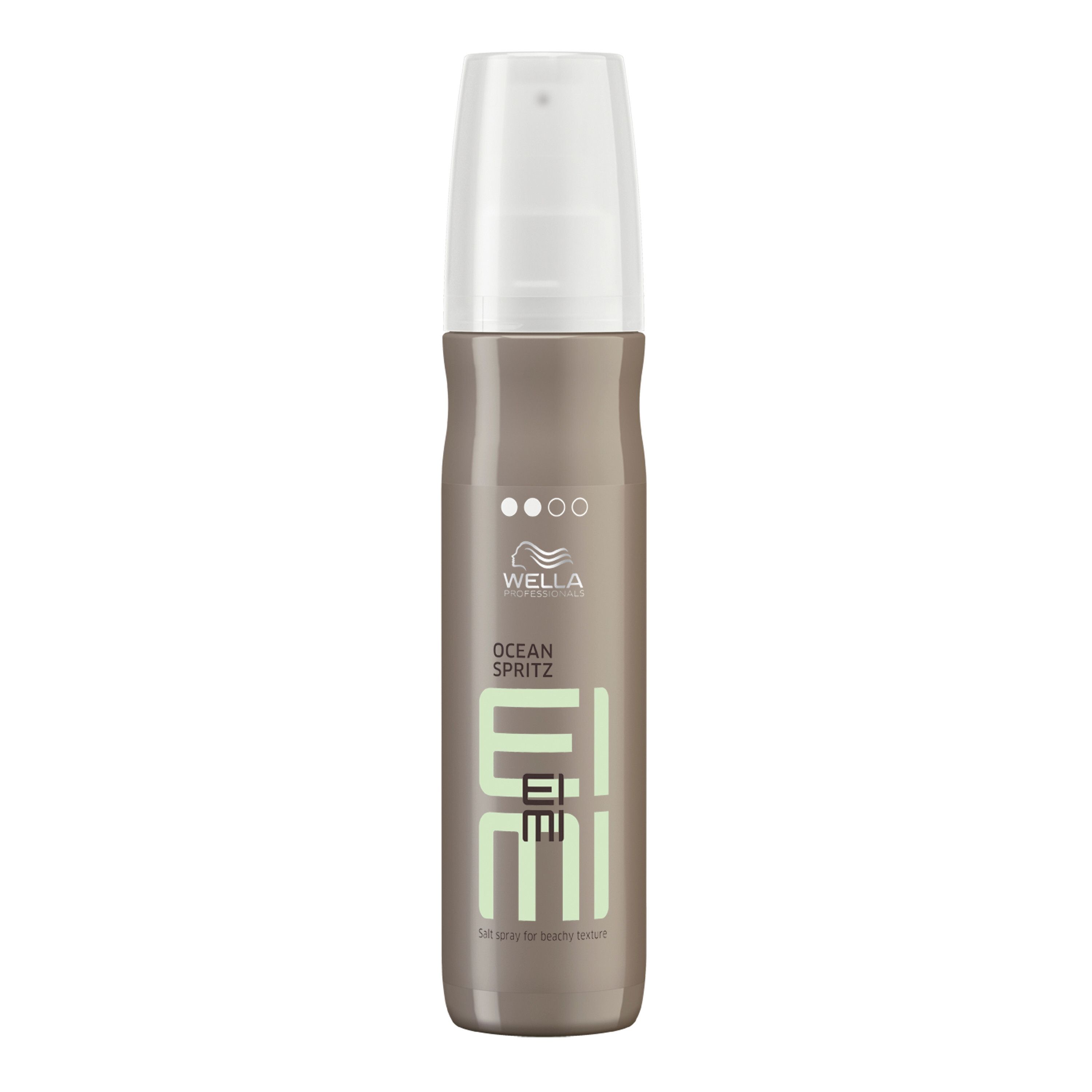 Cilindrische fles met witte dop. Opschrift: Wella Professionals, EIMI, OCEAN SPRITZ.