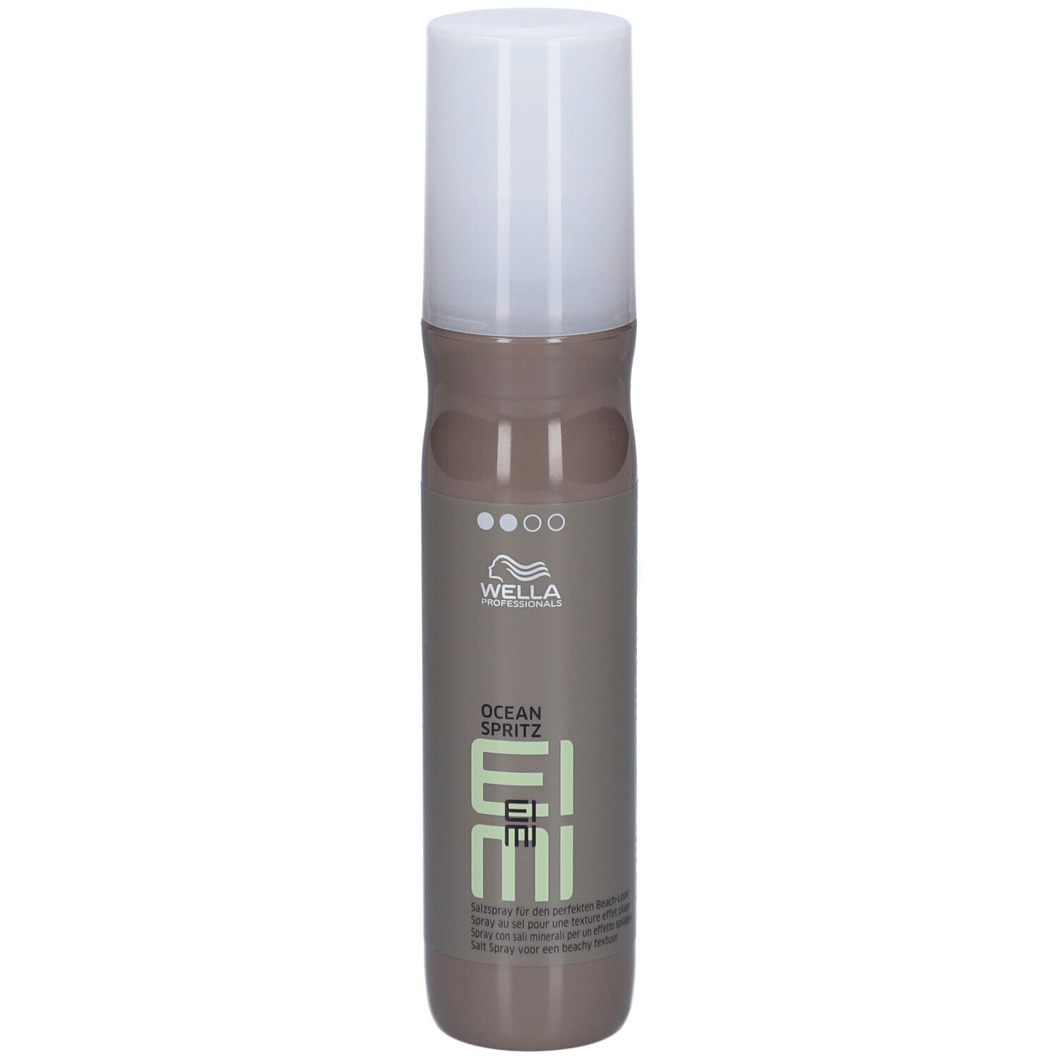 Cilindrische fles met witte dop. Opschrift: Wella Professionals, EIMI, OCEAN SPRITZ.