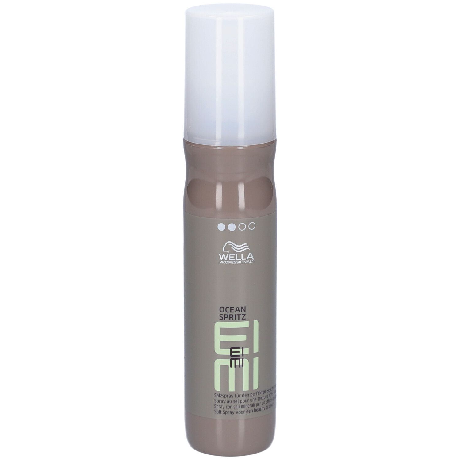 Cilindrische fles met witte dop. Opschrift: Wella Professionals, EIMI, OCEAN SPRITZ.