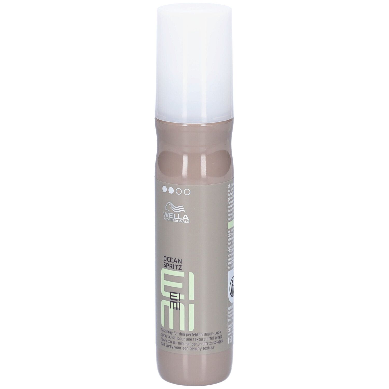 Cilindrische fles met witte dop. Opschrift: Wella Professionals, EIMI, OCEAN SPRITZ.