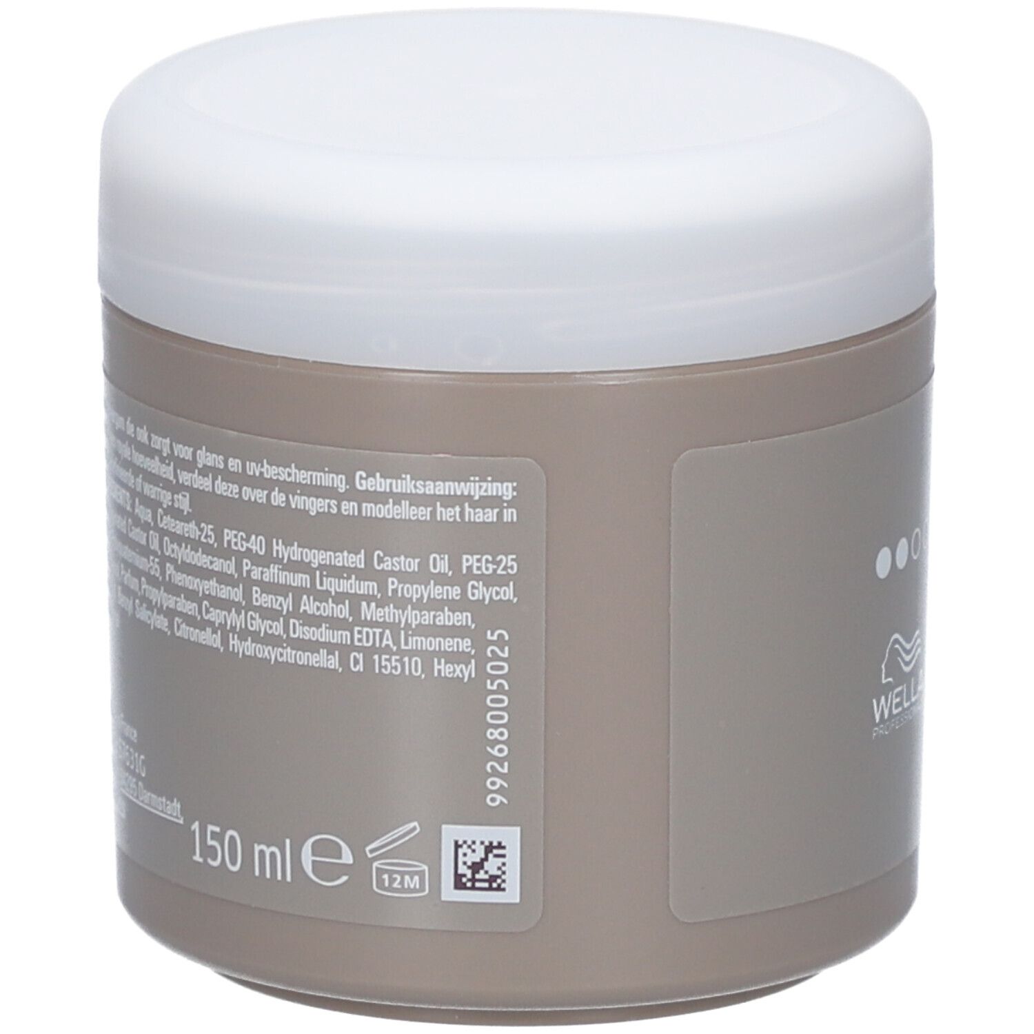 Achterkant van de pot. Tekst met ingrediënten en gebruiksaanwijzing. 150 ml.