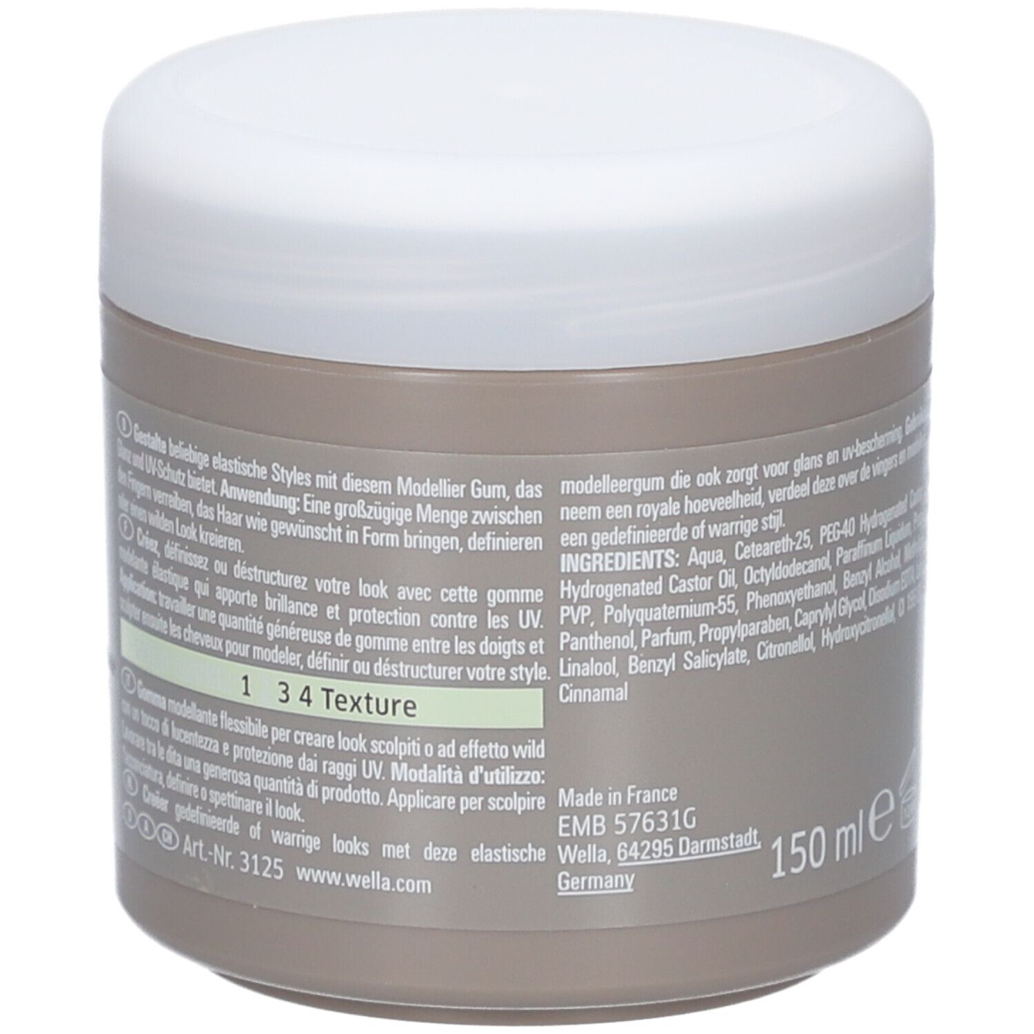 Achterkant van de pot. Tekst met ingrediënten en gebruiksaanwijzing. 150 ml.