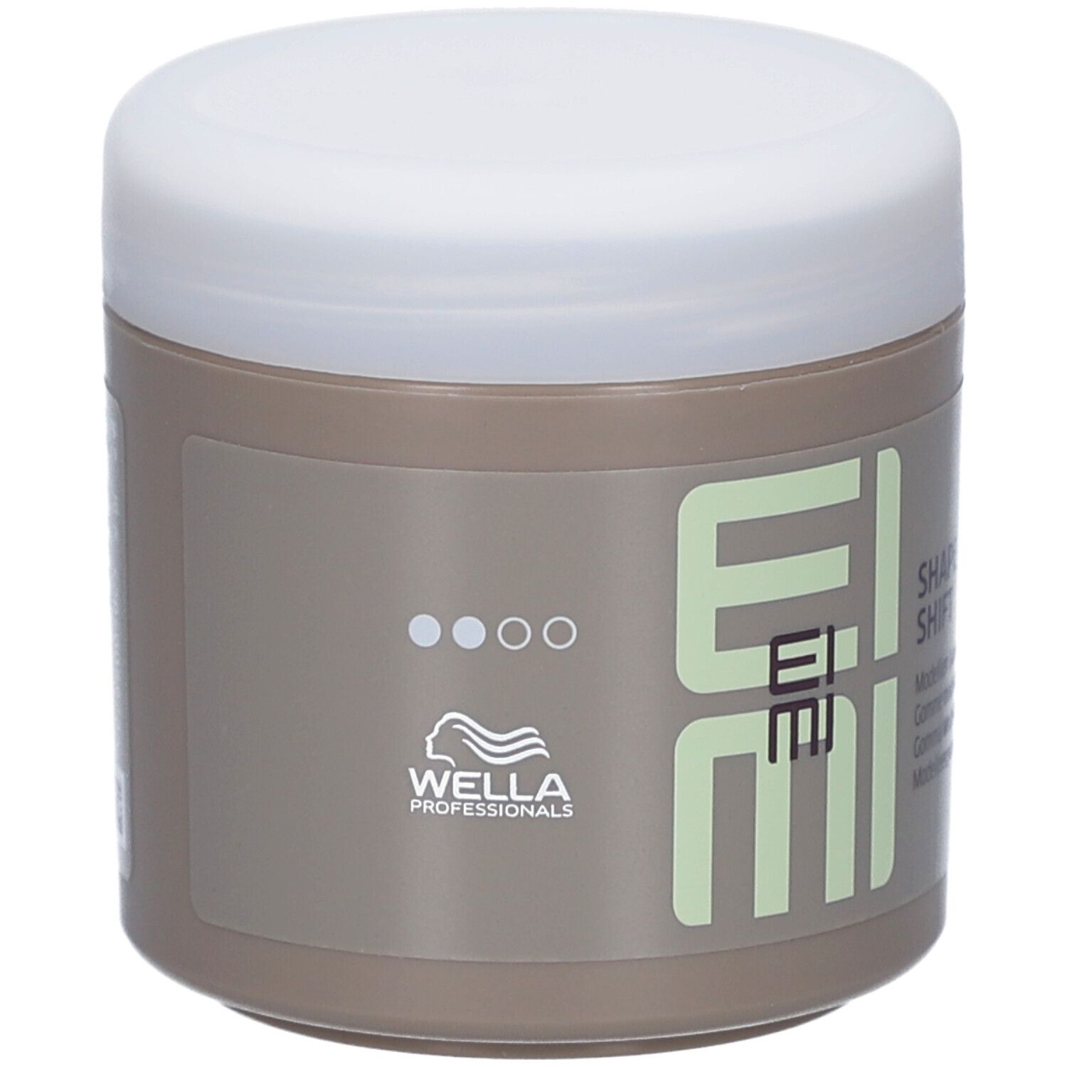 Beige pot met witte deksel. EIMI Shape Shift tekst. Wella Professionals logo.