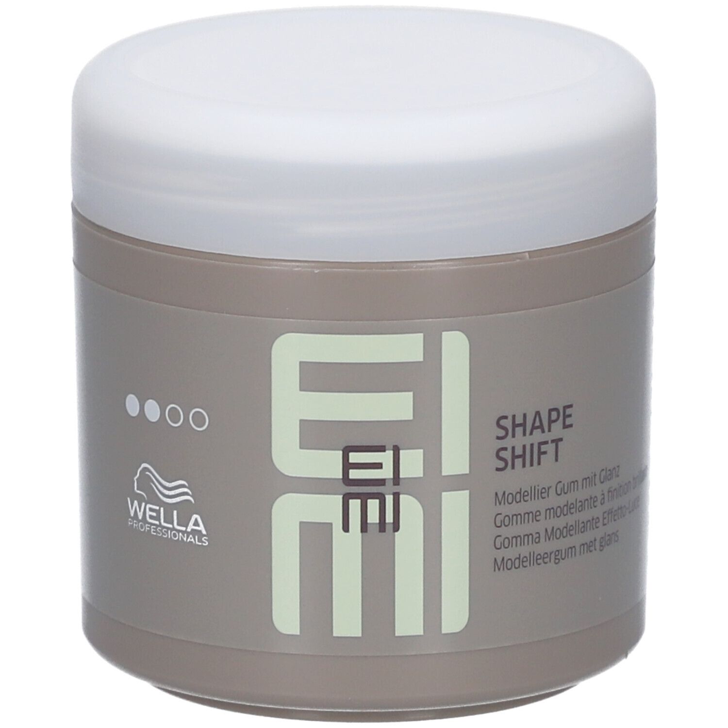 Beige pot met witte deksel. EIMI Shape Shift tekst. Wella Professionals logo.