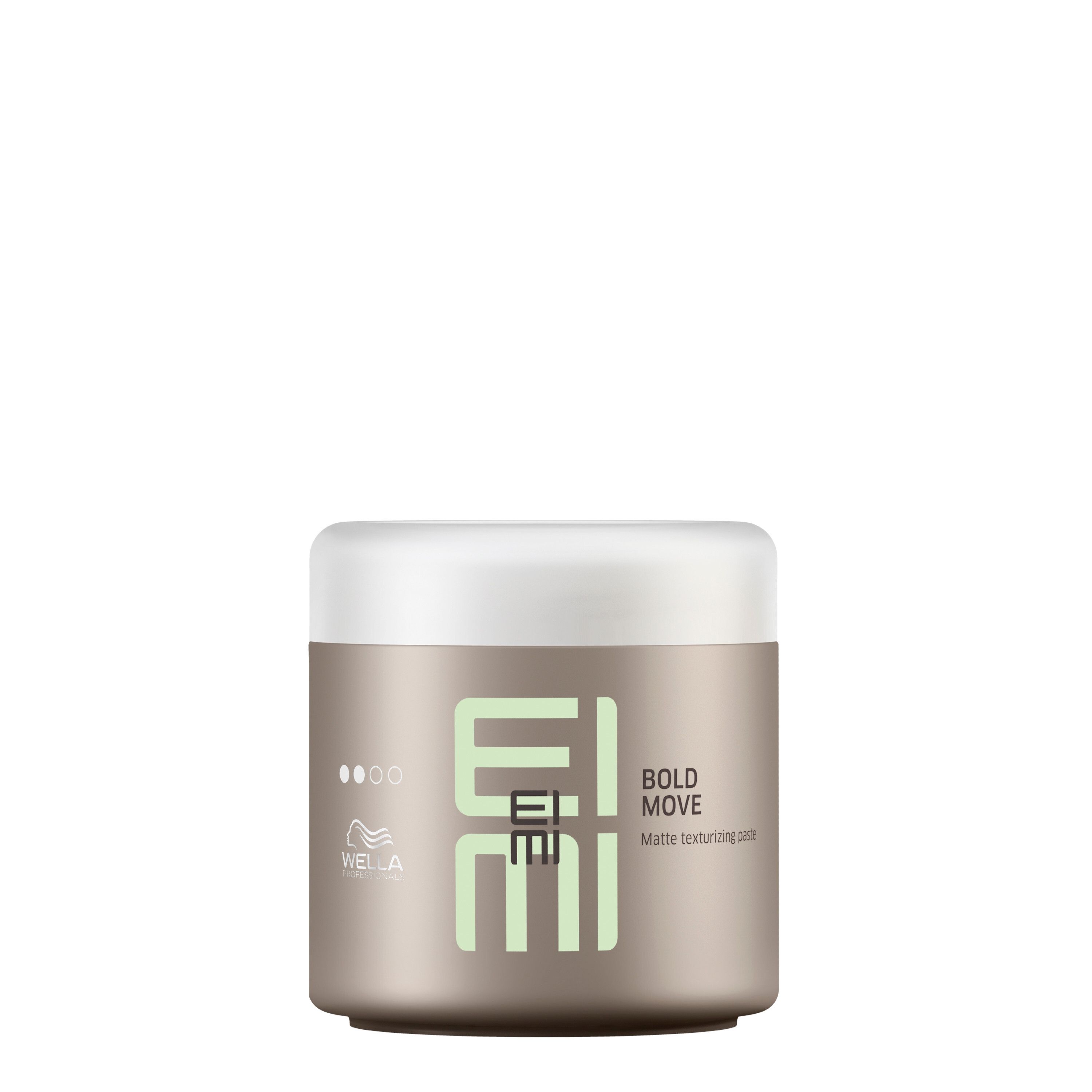 Beige pot met witte deksel. Opschrift EIMI, BOLD MOVE, Matte Texturpaste. Merk Wella Professionals.