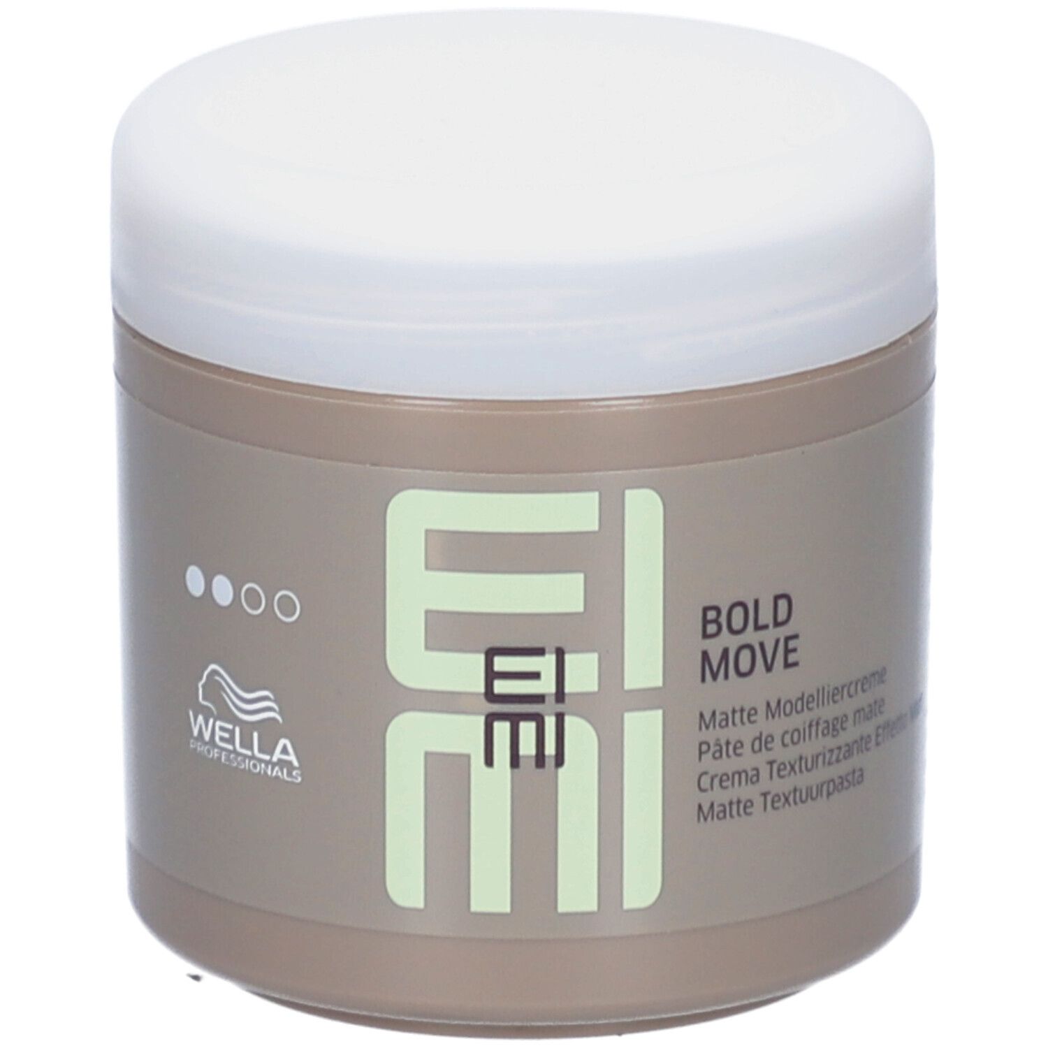 Beige pot met witte deksel. Opschrift EIMI, BOLD MOVE, Matte Modelliercreme. Merk Wella Professionals.