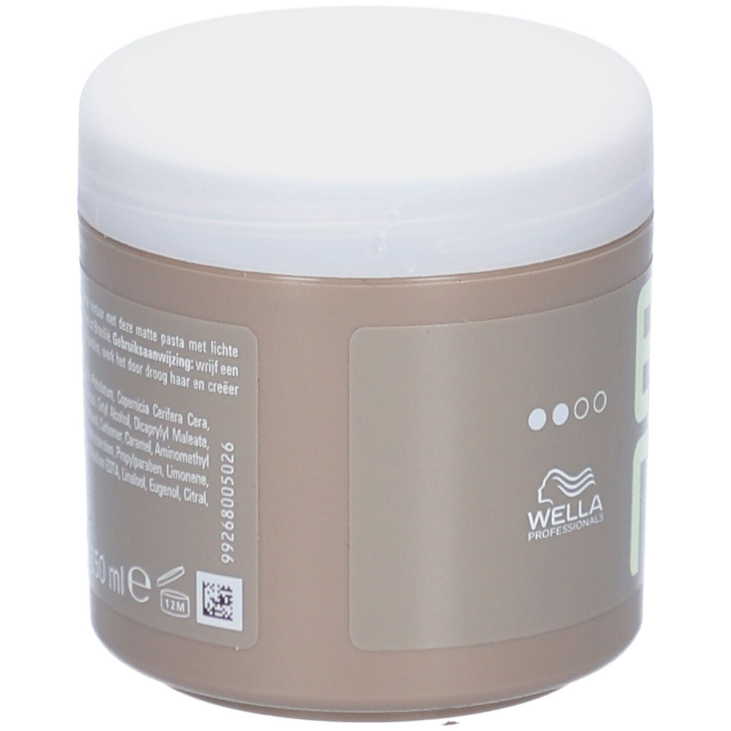 Beige pot met witte deksel. Opschrift EIMI, BOLD MOVE, Matte Modelliercreme. Achterkant met tekst en ingrediënten.