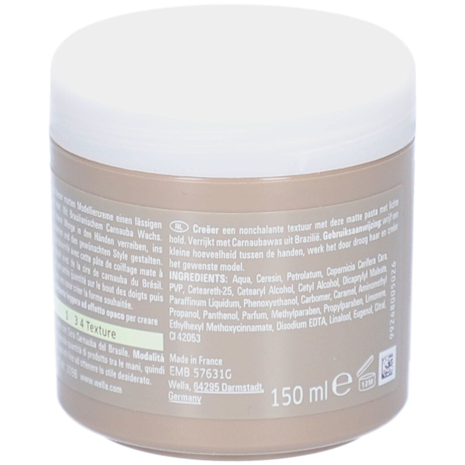 Beige pot met witte deksel. Opschrift EIMI, BOLD MOVE, Matte Modelliercreme. Achterkant met tekst en ingrediënten.