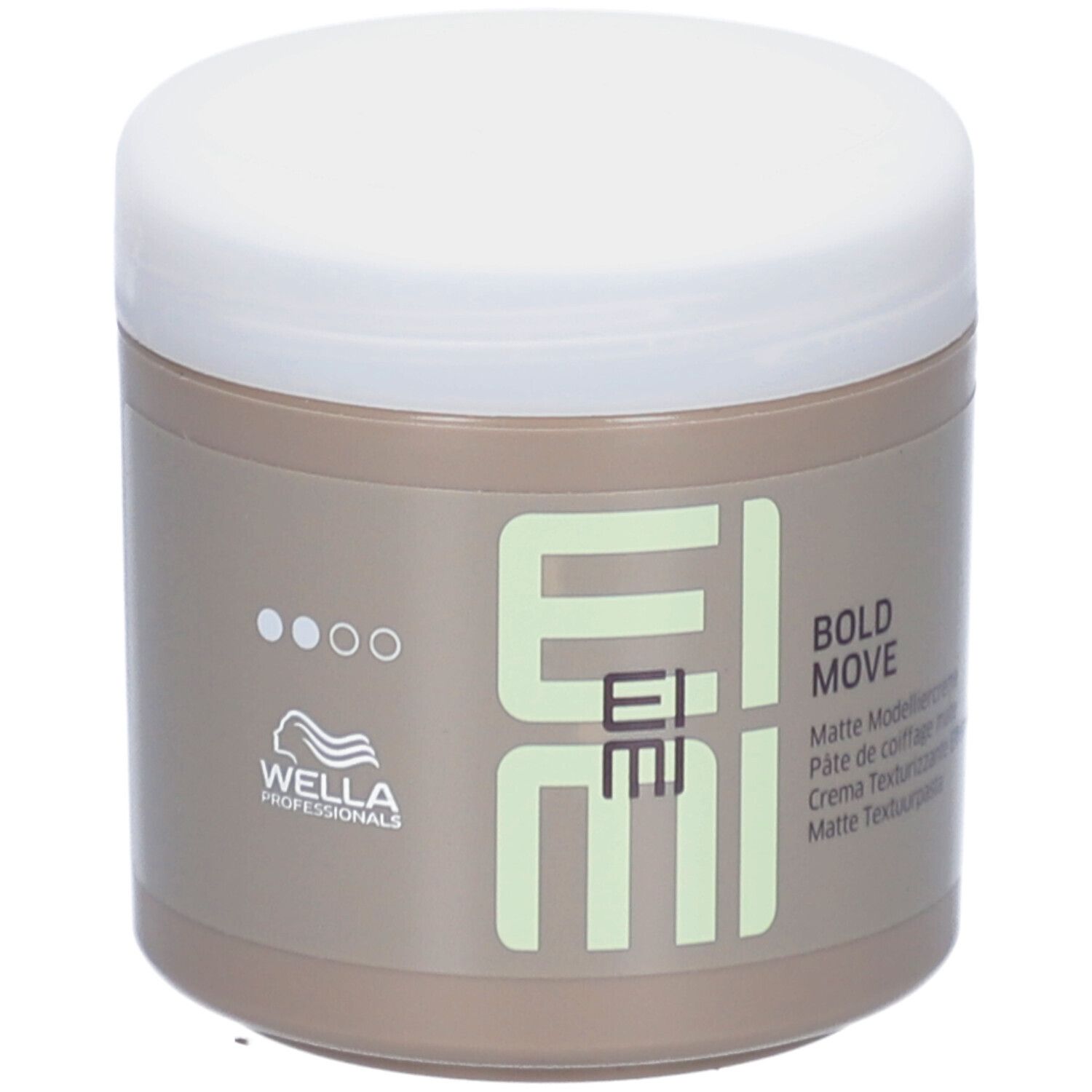 Beige pot met witte deksel. Opschrift EIMI, BOLD MOVE, Matte Modelliercreme. Merk Wella Professionals.