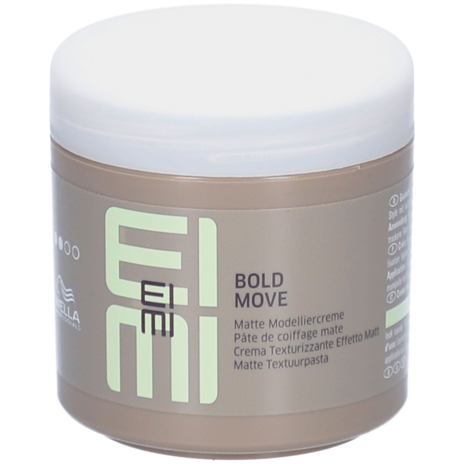 Beige pot met witte deksel. Opschrift EIMI, BOLD MOVE, Matte Modelliercreme. Merk Wella Professionals.