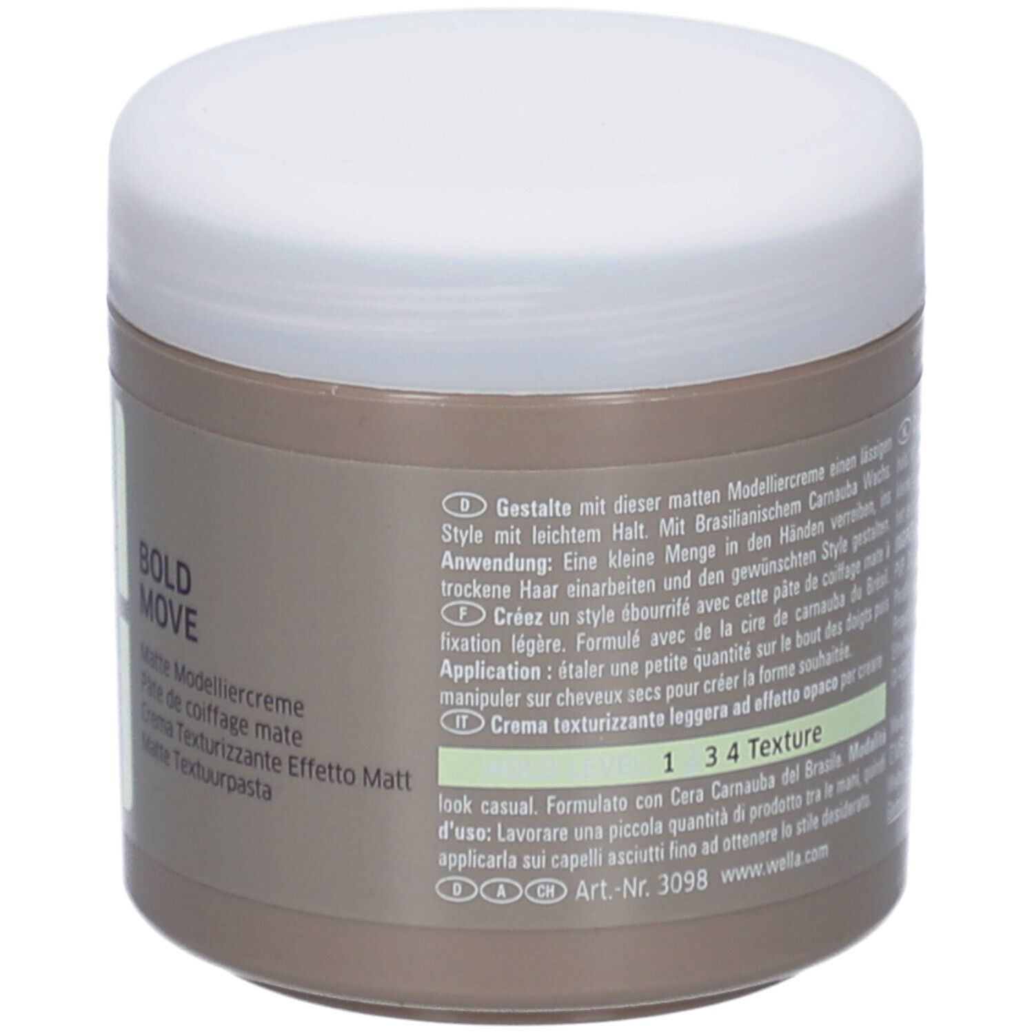 Beige pot met witte deksel. Opschrift EIMI, BOLD MOVE, Matte Modelliercreme. Achterkant met tekst.
