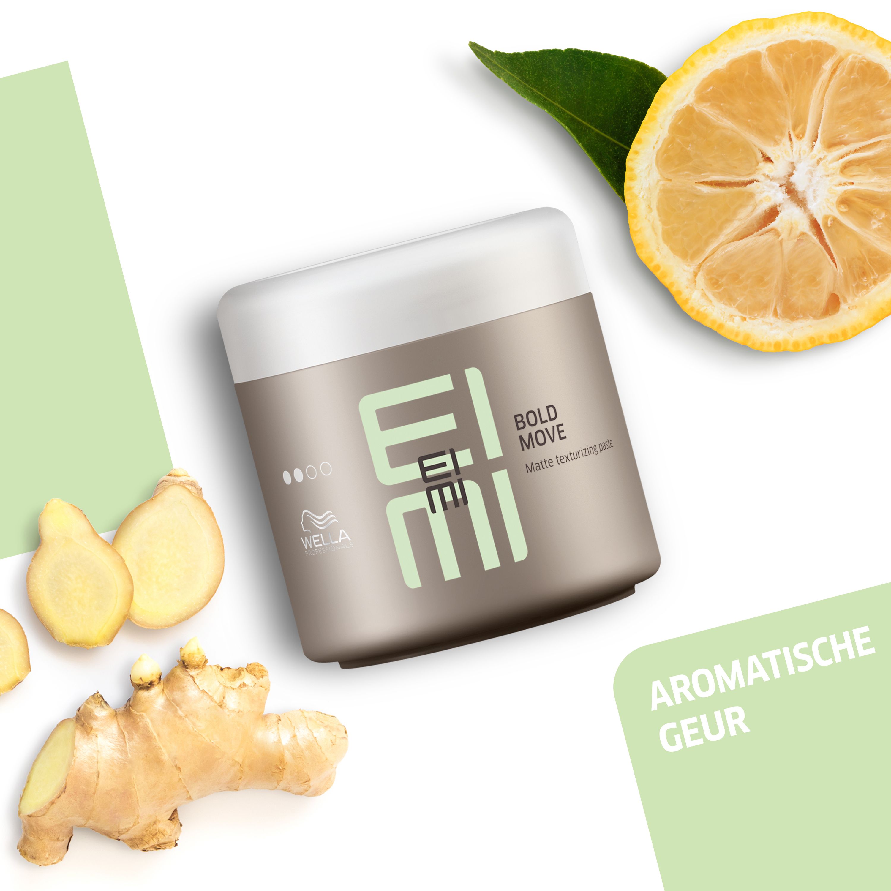 Product met citroen en gember. Beige pot met witte deksel. Opschrift EIMI, BOLD MOVE, Matte Texturpaste.