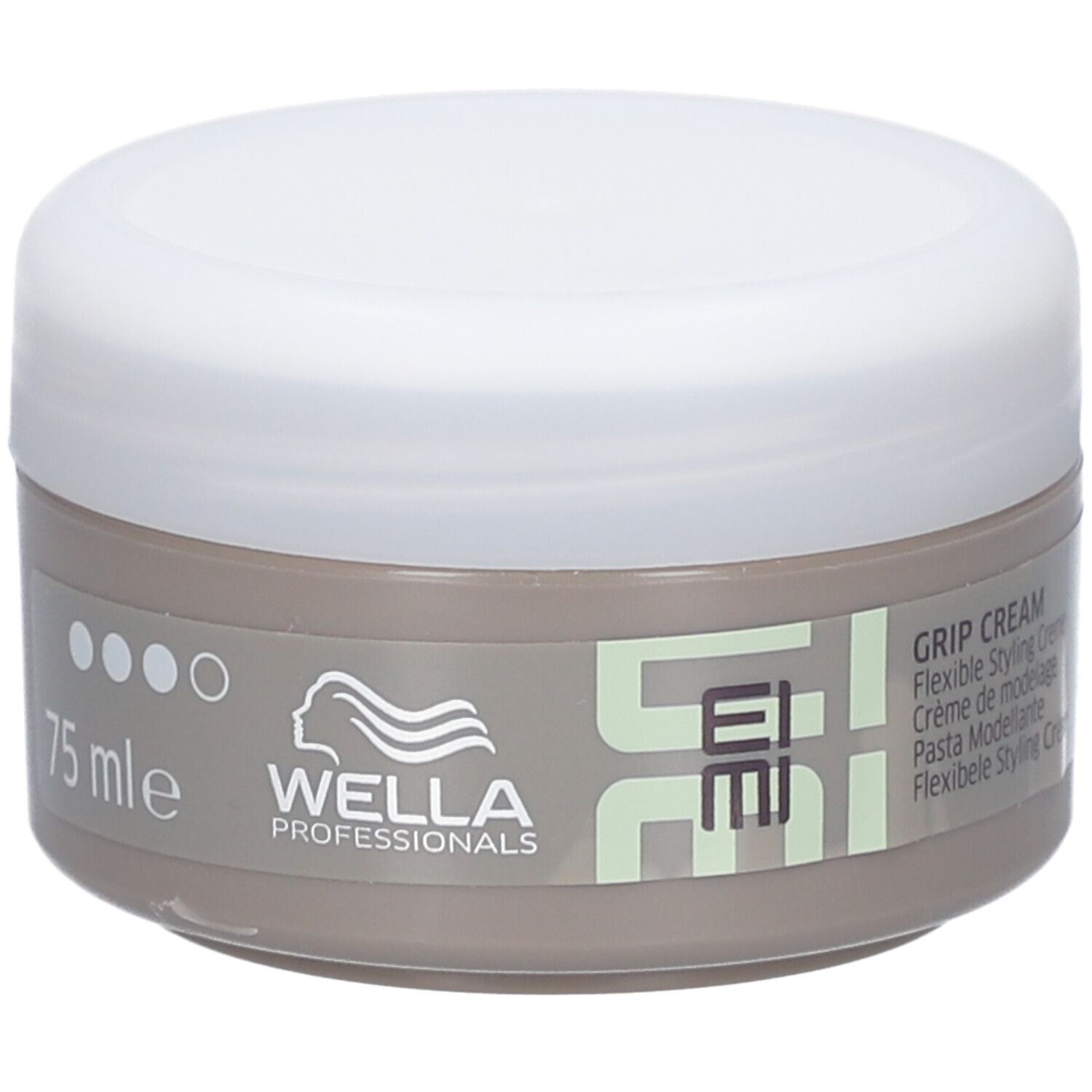 Pot rond avec couvercle blanc. Inscription : EIMI, Grip Cream, 75 ml. Marque : WELLA PROFESSIONALS.