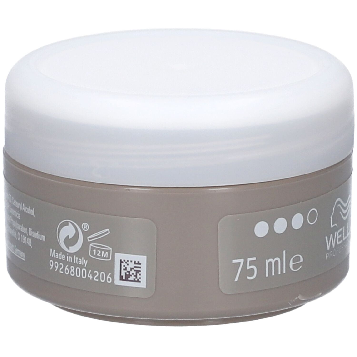 Dos du pot. Inscription : 75 ml, Made in Italy, 12M. Code QR et ingrédients.