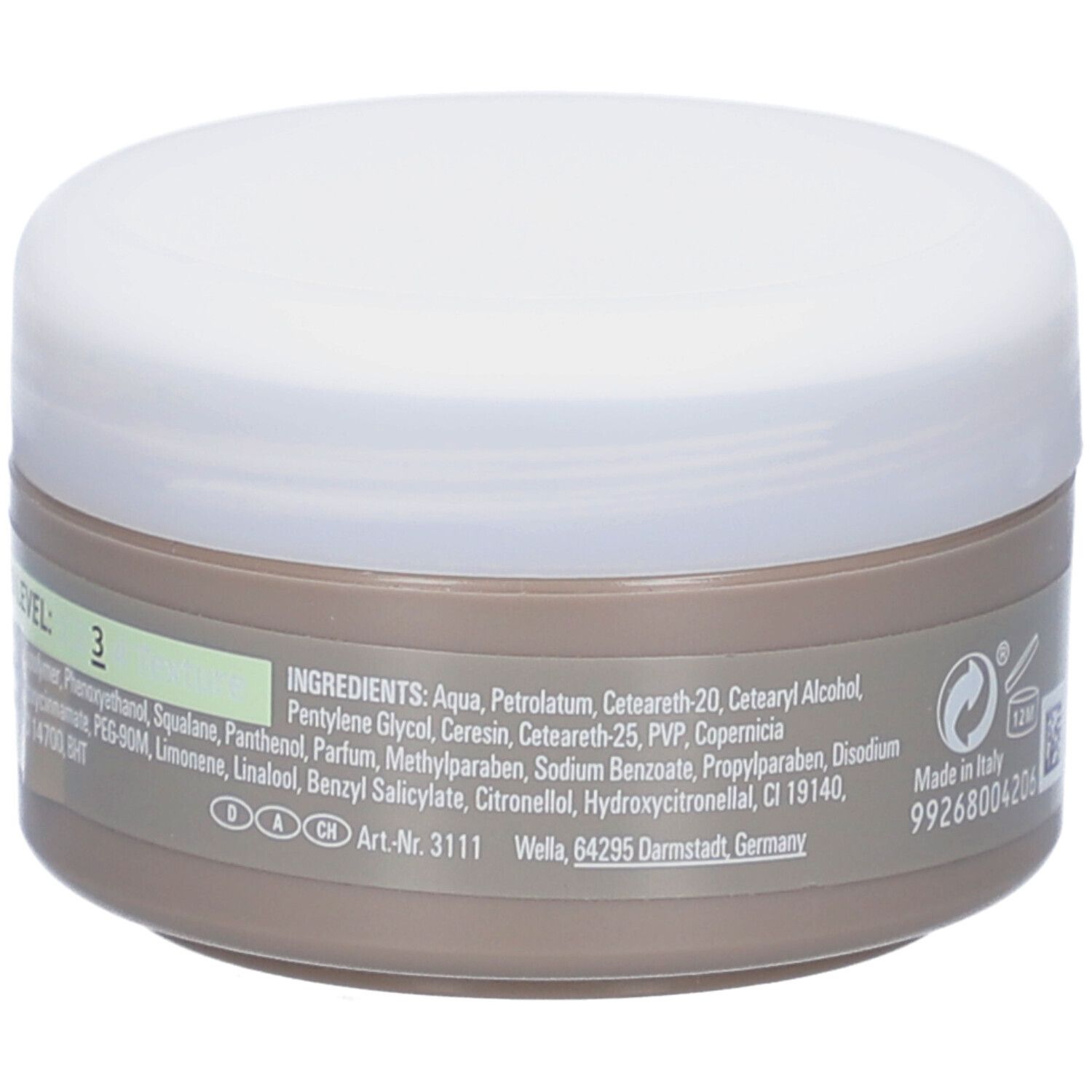 Dos du pot avec ingrédients. Inscription : Made in Italy, 99268004206. Réf. art. 3111.