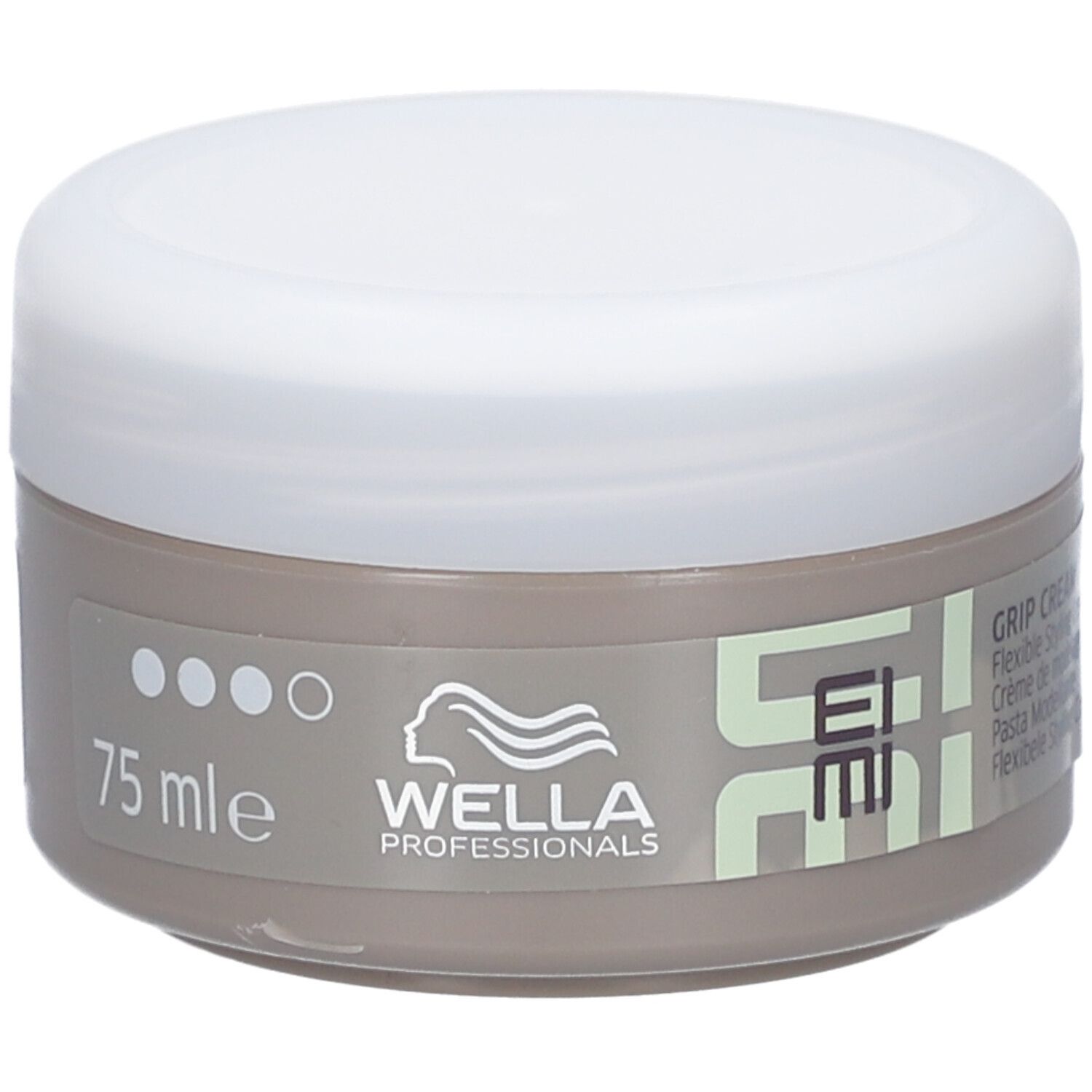 Pot rond avec couvercle blanc. Inscription : EIMI, Grip Cream, 75 ml. Marque : WELLA PROFESSIONALS.