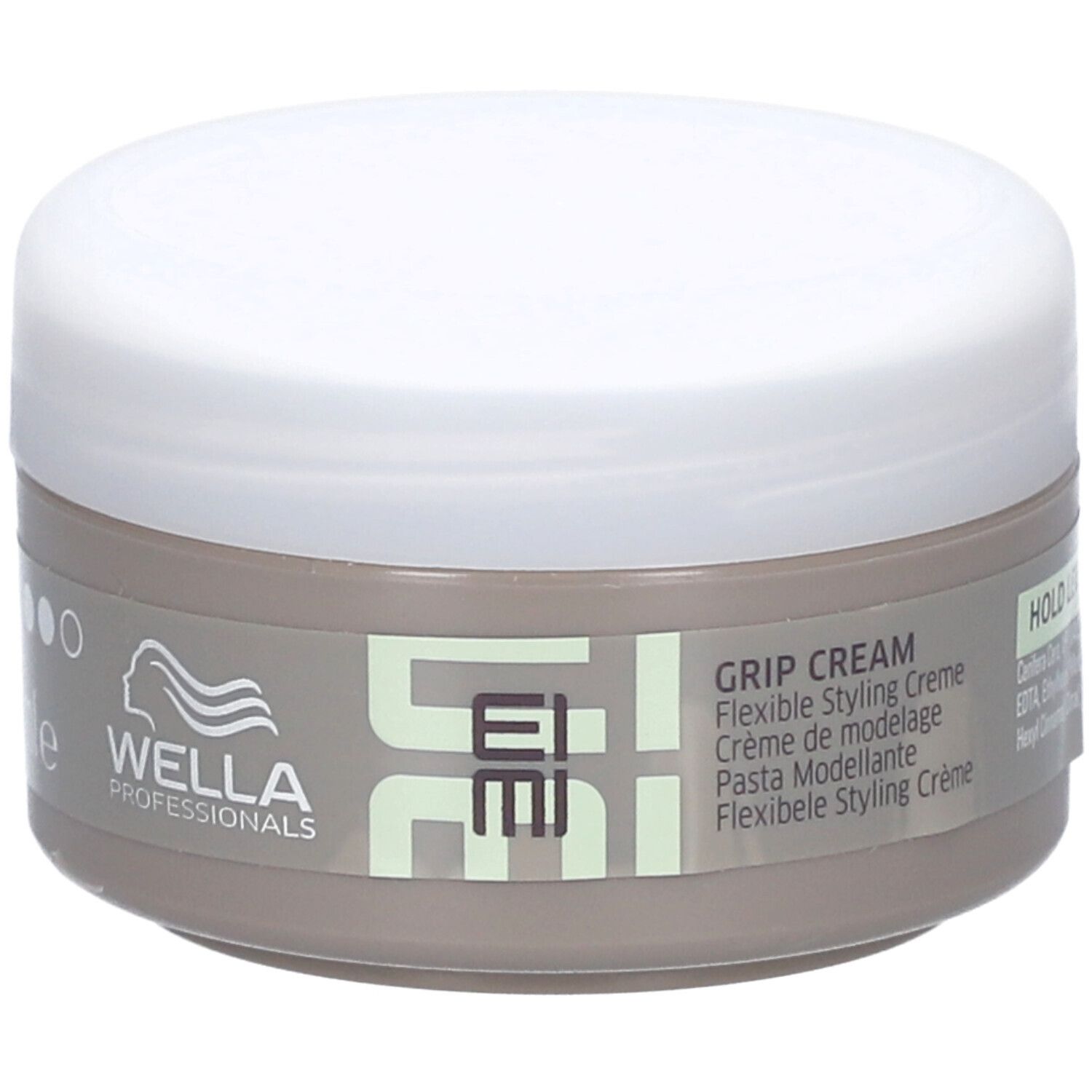 Pot rond avec couvercle blanc. Inscription : EIMI, Grip Cream. Marque : WELLA PROFESSIONALS. Hold Level 3.