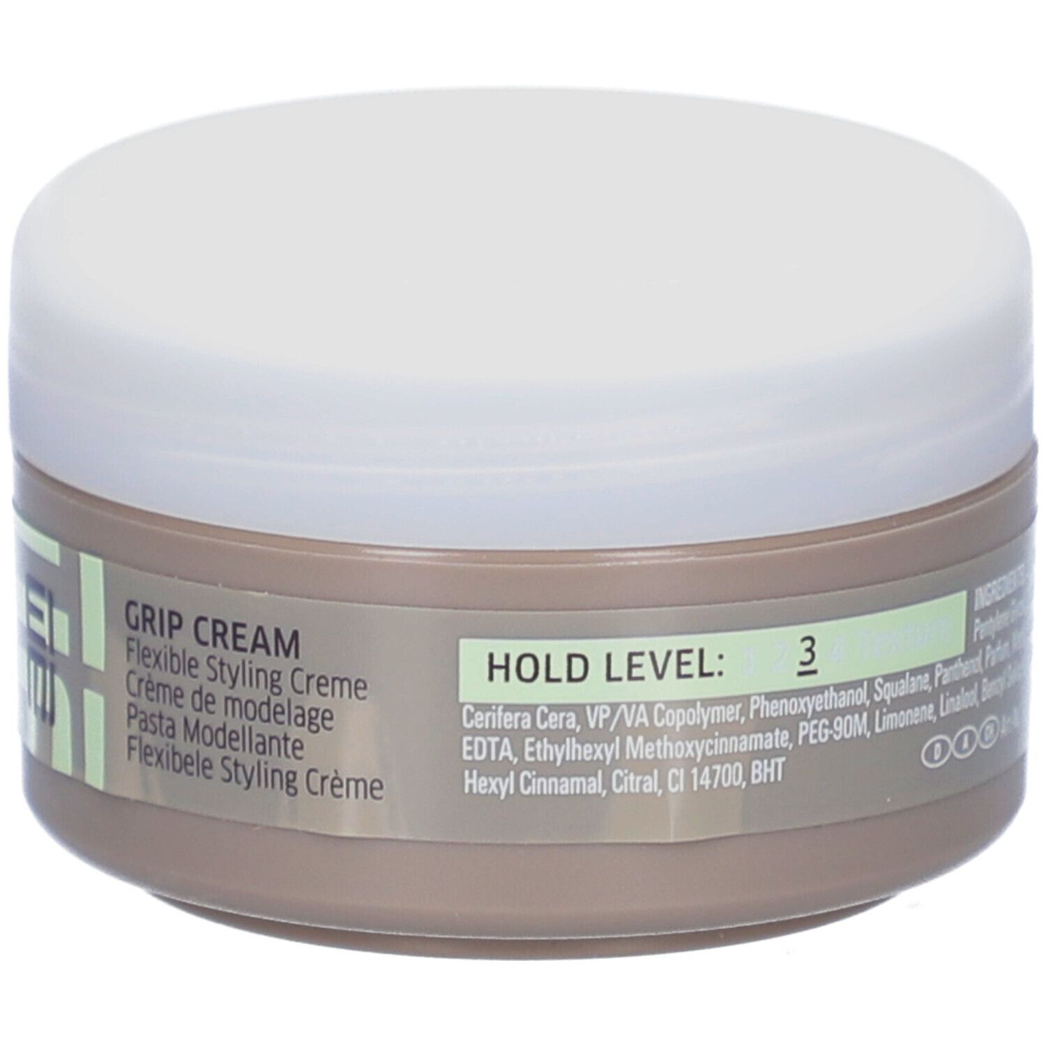 Pot rond avec couvercle blanc. Inscription : EIMI, Grip Cream. Marque : WELLA PROFESSIONALS. Hold Level 3.