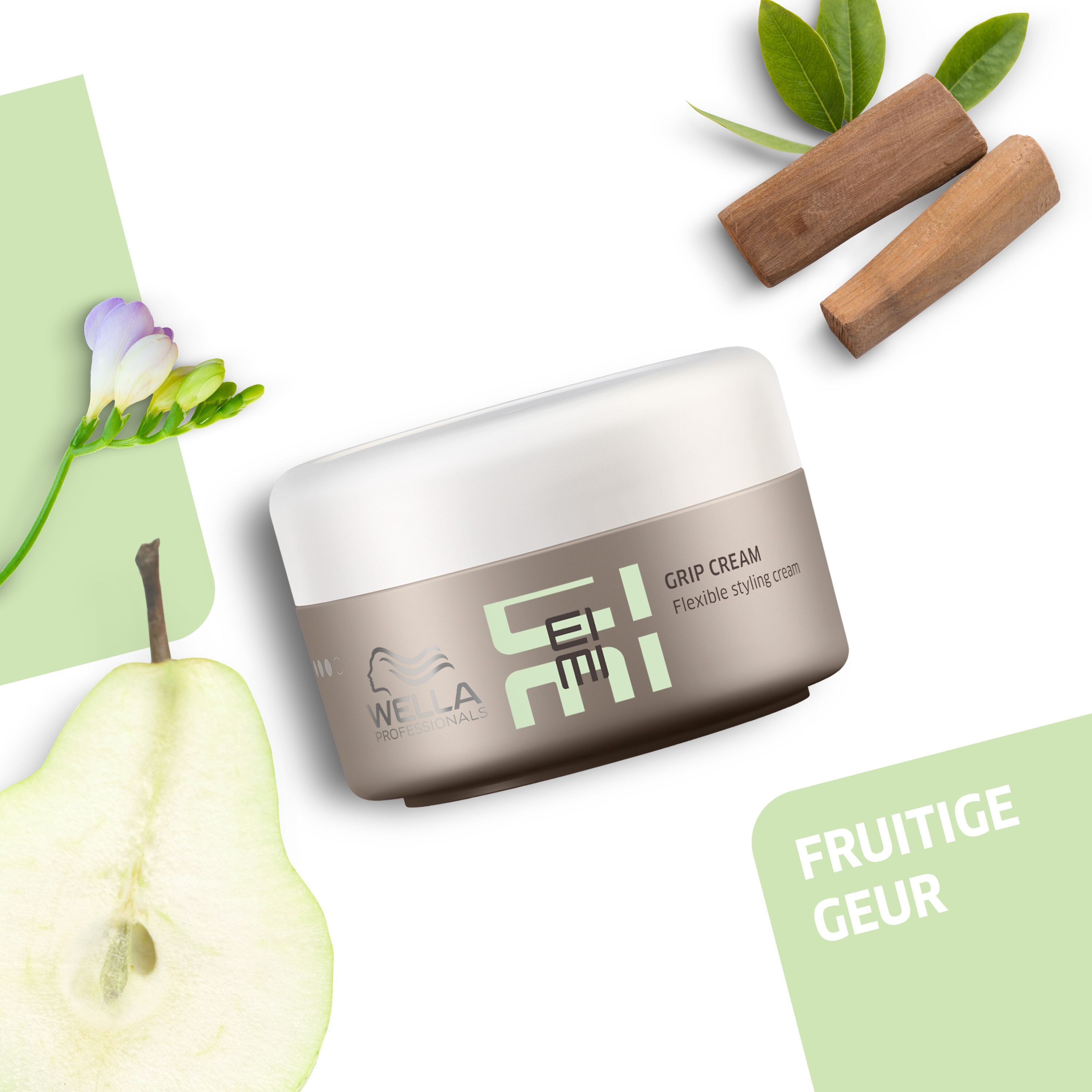 Product met fruit en hout. Opschrift: EIMI, Grip Cream. Tekst: Fruitige geur.