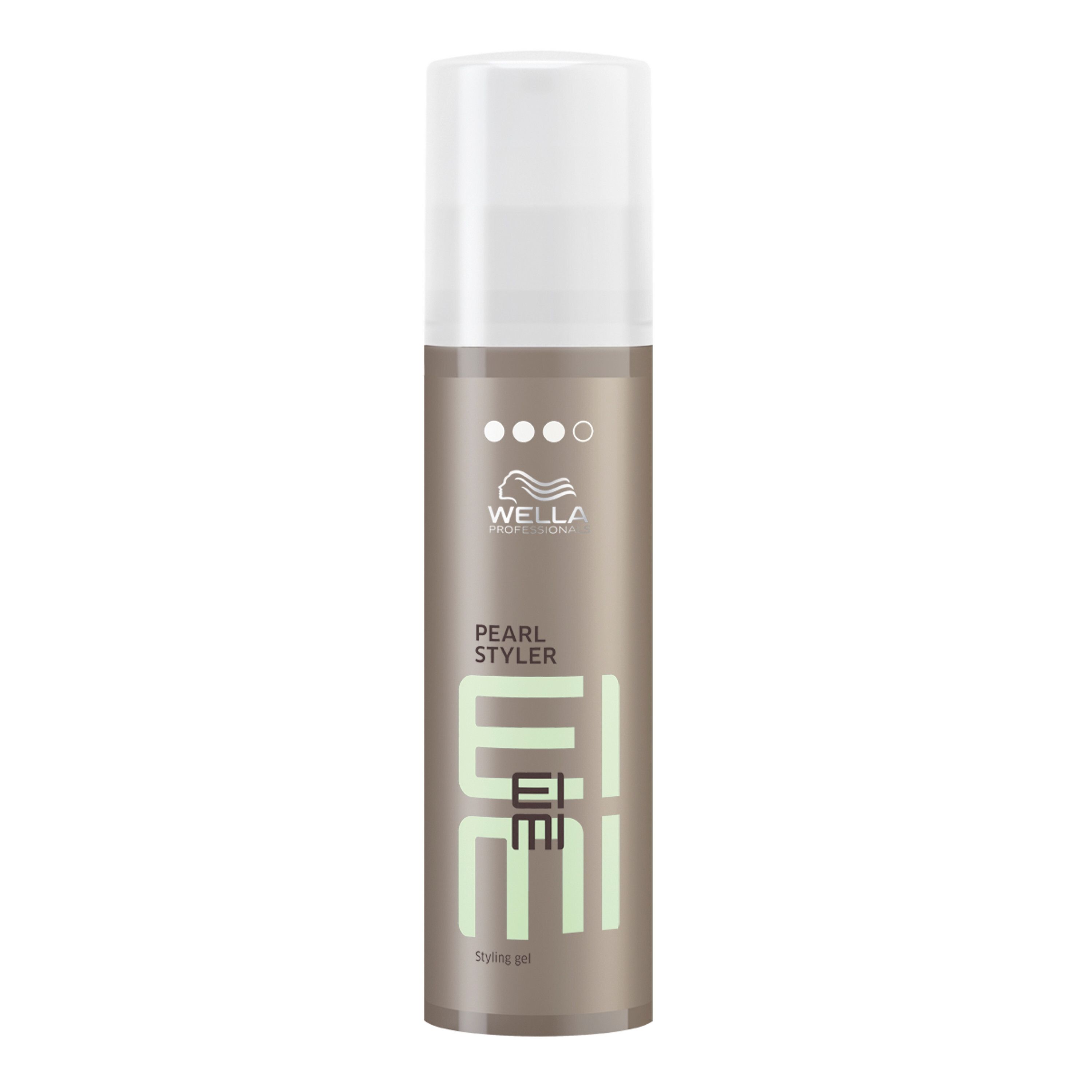 Cilindrische fles met witte dop. Opschrift: Wella, EIMI, Pearl Styler, Styling Gel.