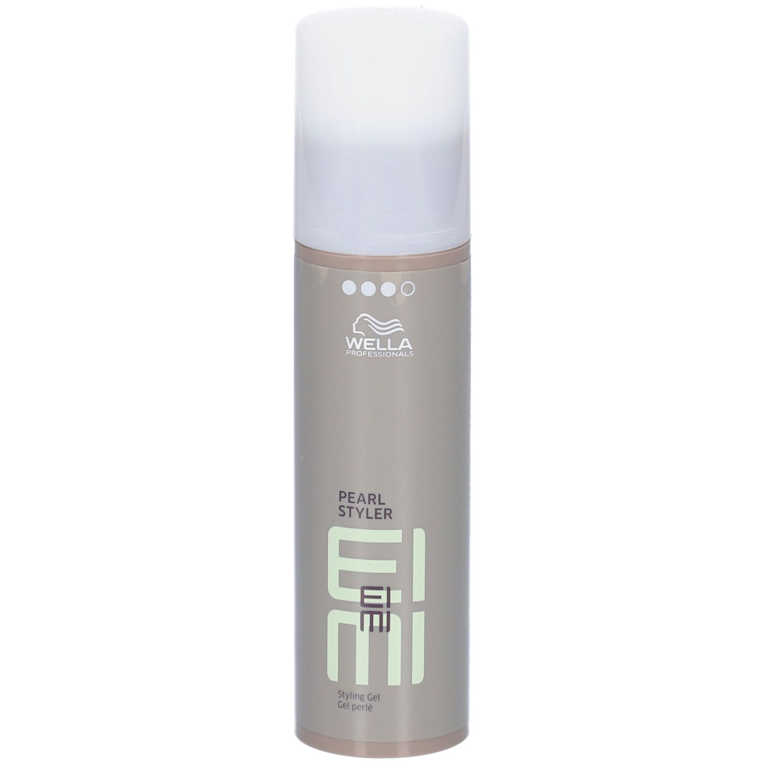 Cilindrische fles met witte dop. Opschrift: Wella, EIMI, Pearl Styler, Styling Gel.