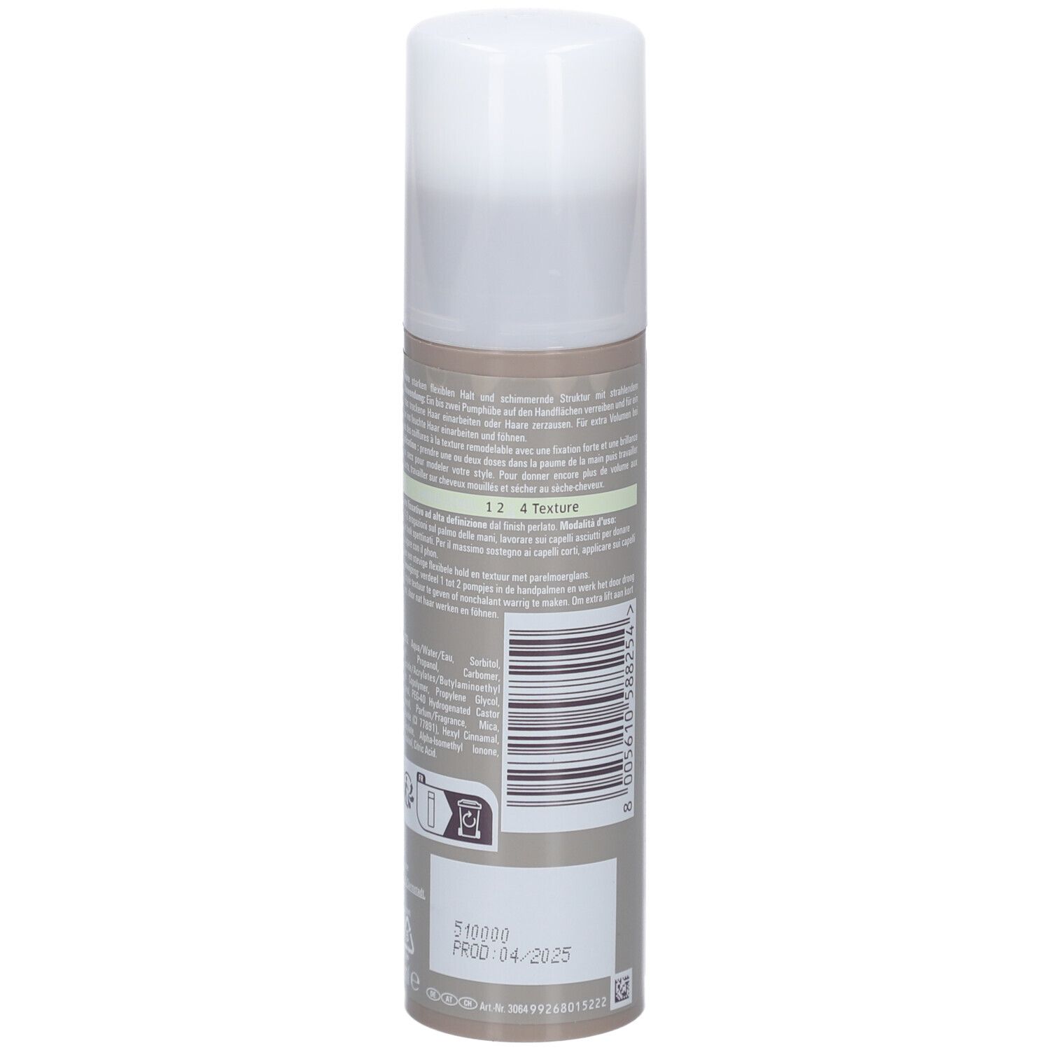 Achterkant van de fles. Tekst en barcode. Kleur: beige, witte dop.