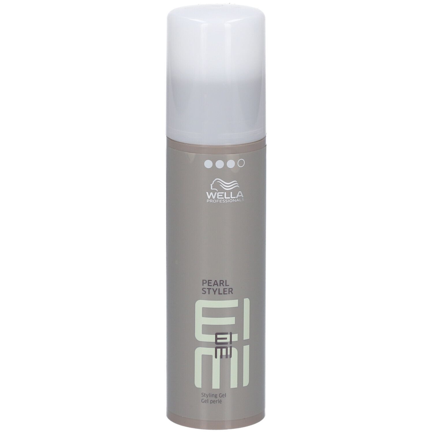 Cilindrische fles met witte dop. Opschrift: Wella, EIMI, Pearl Styler, Styling Gel.