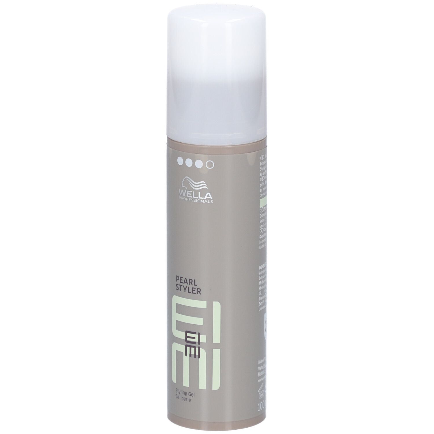 Cilindrische fles met witte dop. Opschrift: Wella, EIMI, Pearl Styler, Styling Gel.