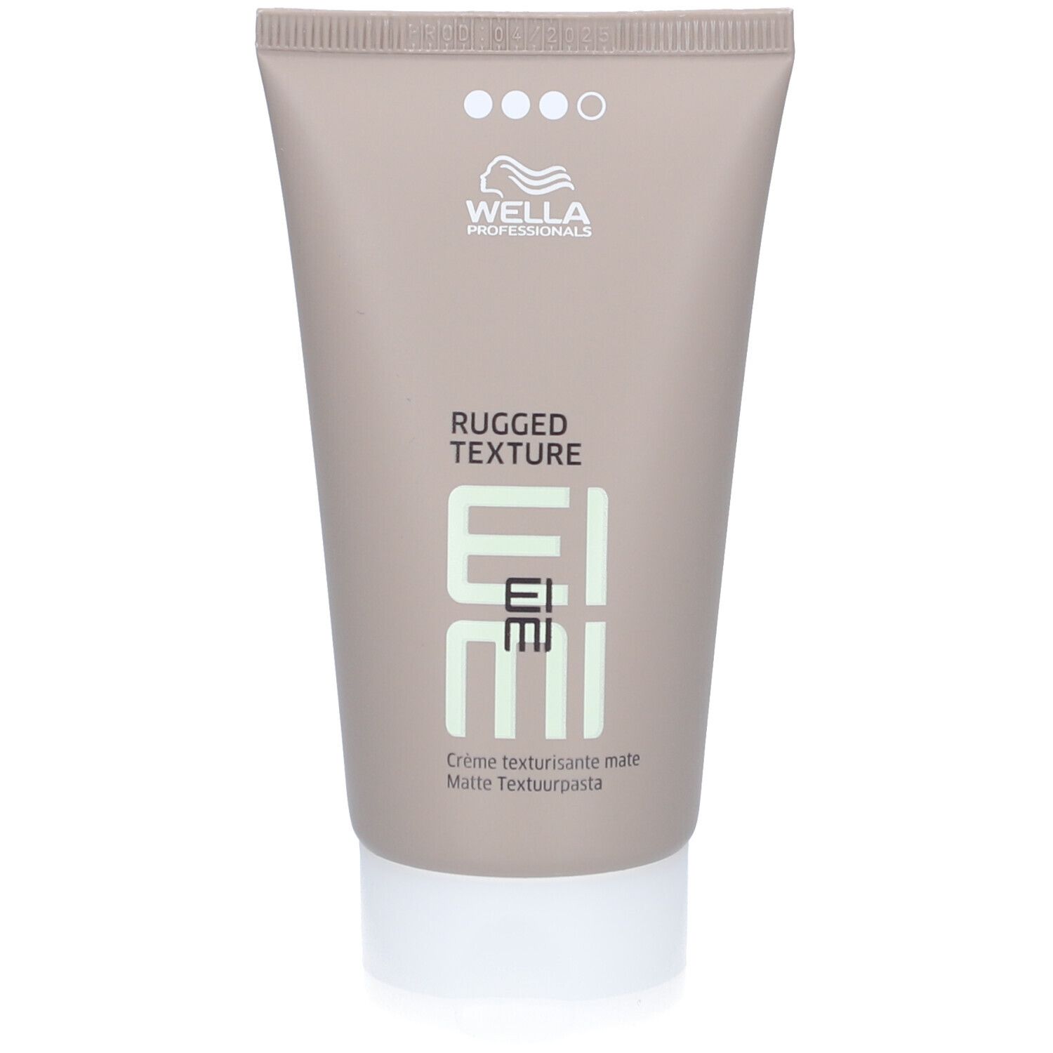 Beige tube met witte dop. Logo en tekst bovenaan. Daaronder "RUGGED TEXTURE EIMI".