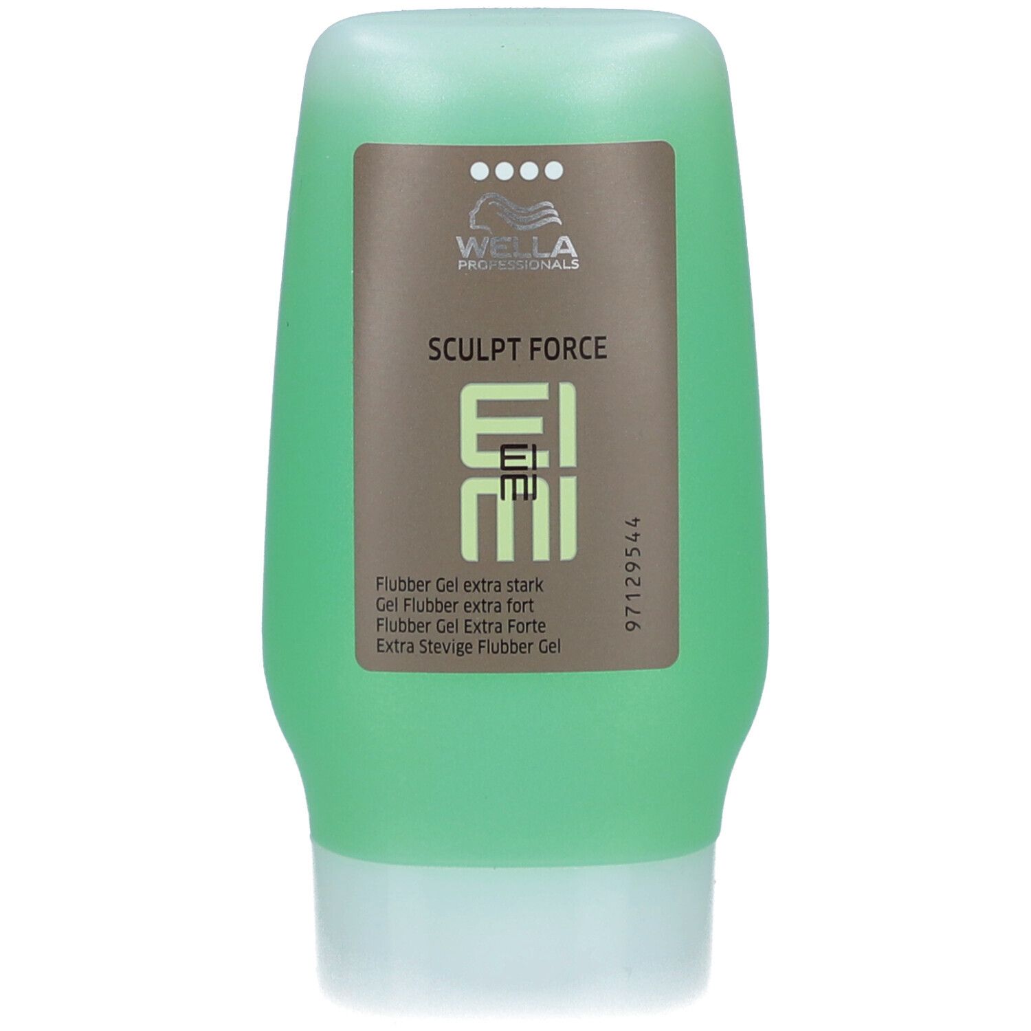 Groene gel tube. Boven: Wella, Sculpt Force, EIMI. Tekst: Gel Flubber extra sterk. Vier punten. Label met code.