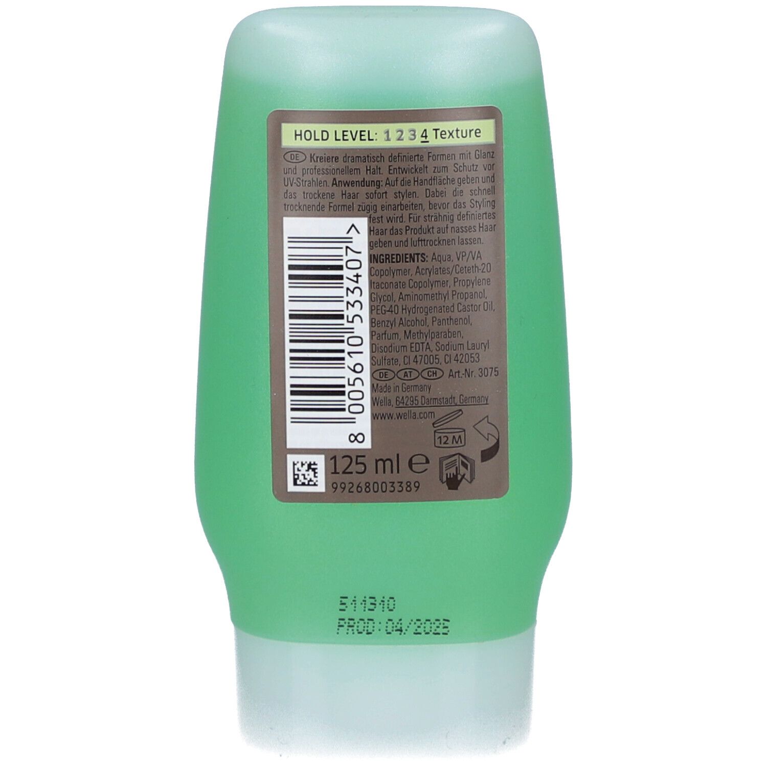 Achterkant van de groene gel tube. Tekst: Hold Level 1 2 3 4 Texture. Ingrediënten. 125 ml. Code. Houdbaarheidsdatum: 04/2025.