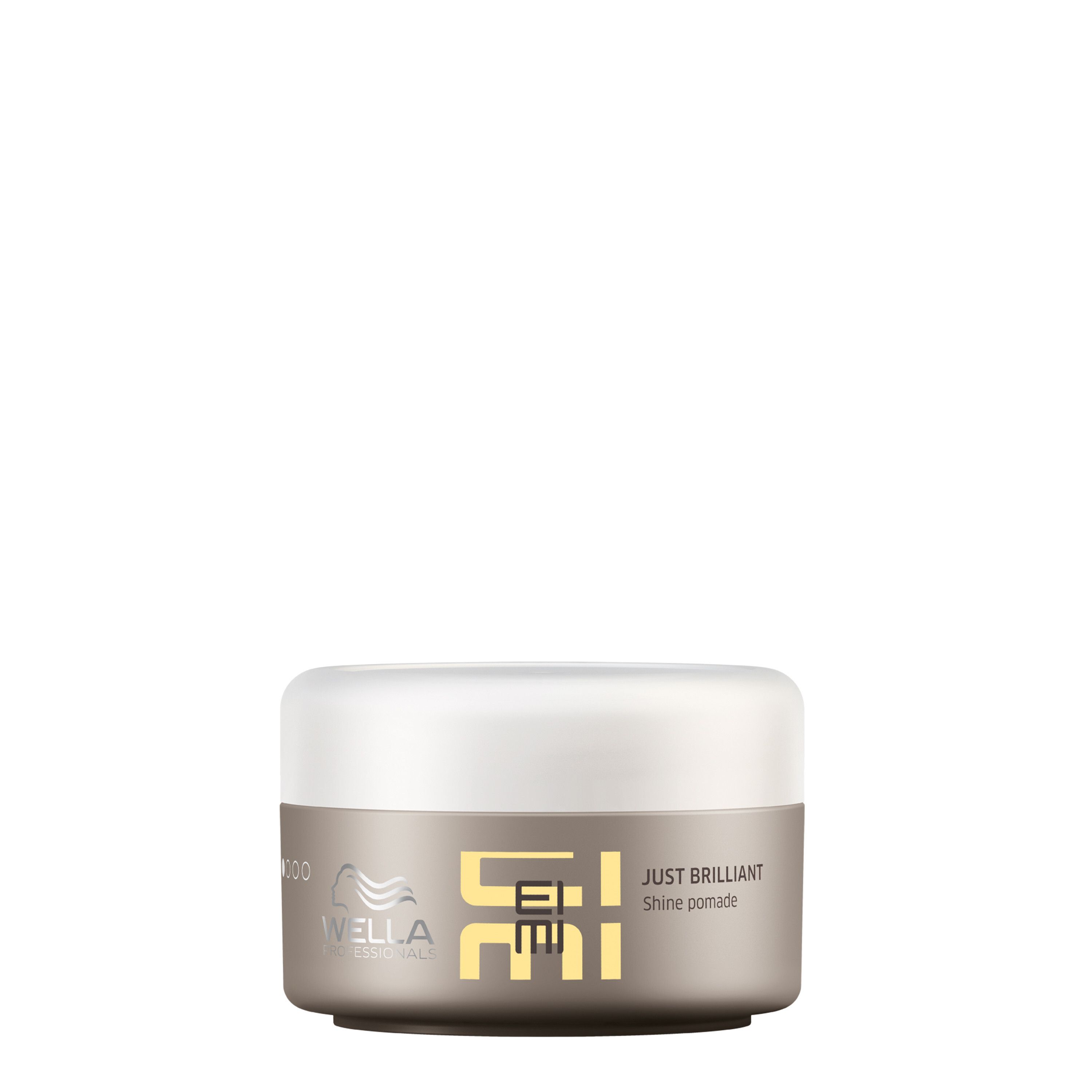 Product: JUST BRILLIANT Shine Pomade. Logo: WELLA PROFESSIONALS, EIMI. Witte deksel, grijze pot.