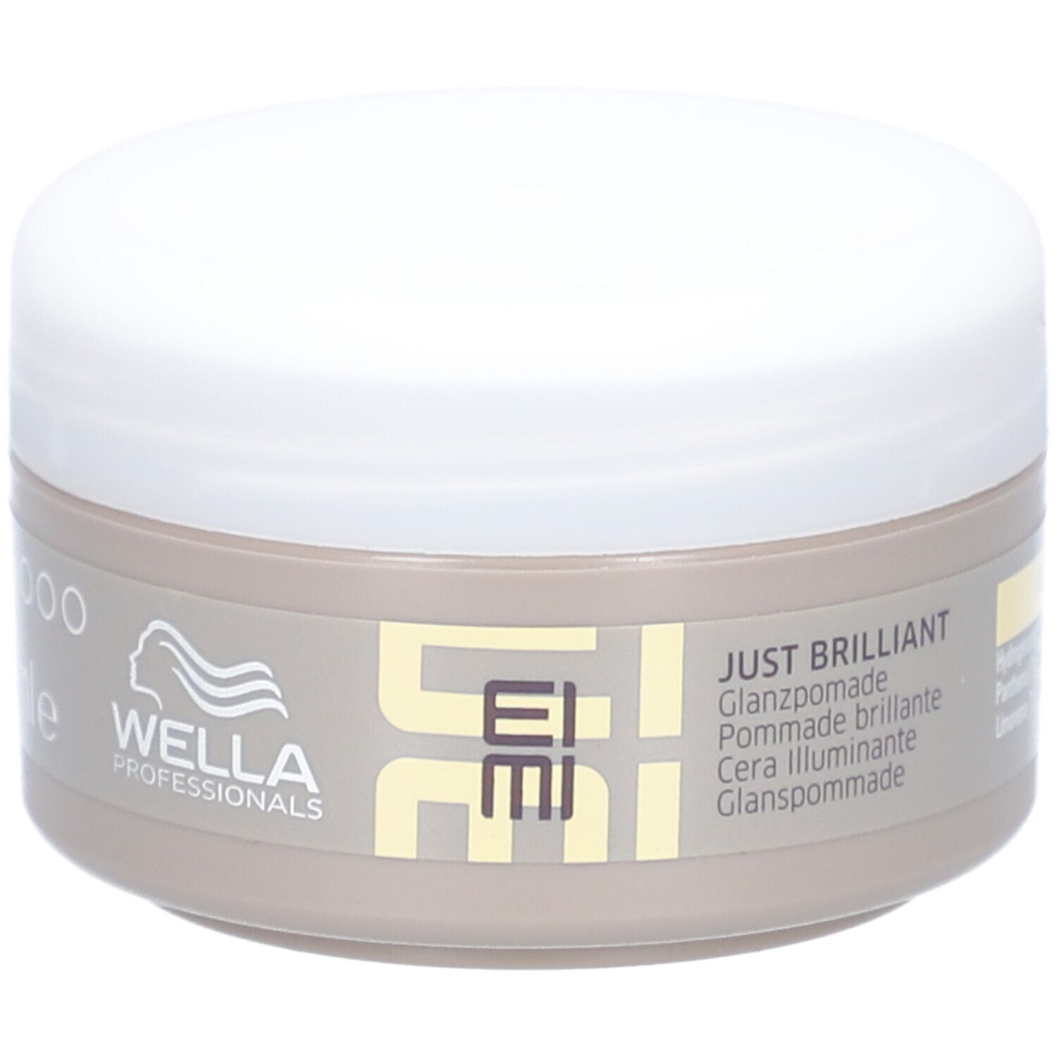 Potje met witte deksel. Opschrift: JUST BRILLIANT, Glanzpomade, Cera illuminante, Glanspommade. Logo: WELLA PROFESSIONALS, EIMI.