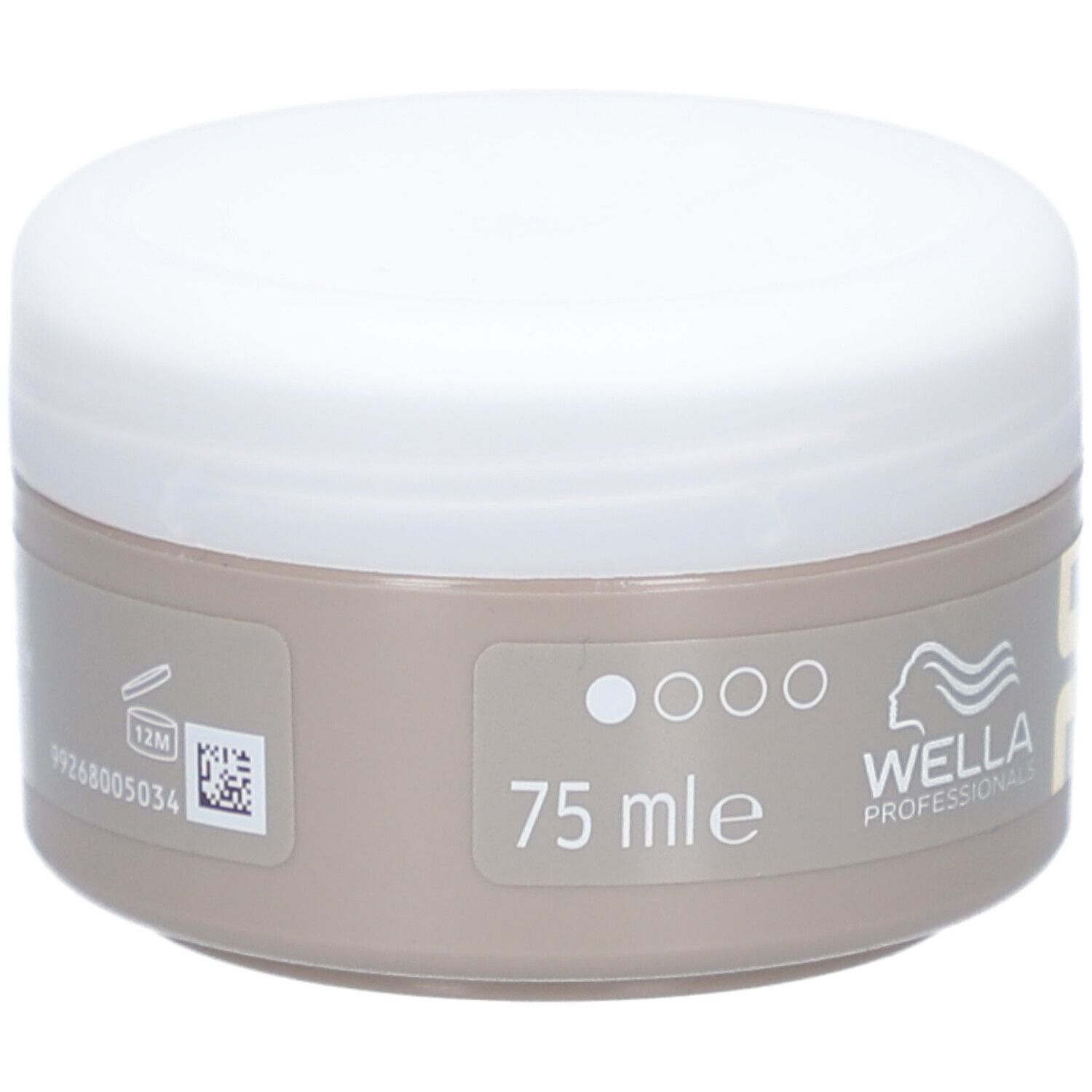Potje met witte deksel. Opschrift: 75 mle. Logo: WELLA PROFESSIONALS, EIMI. Met houdbaarheids- en chargenummer symbolen.