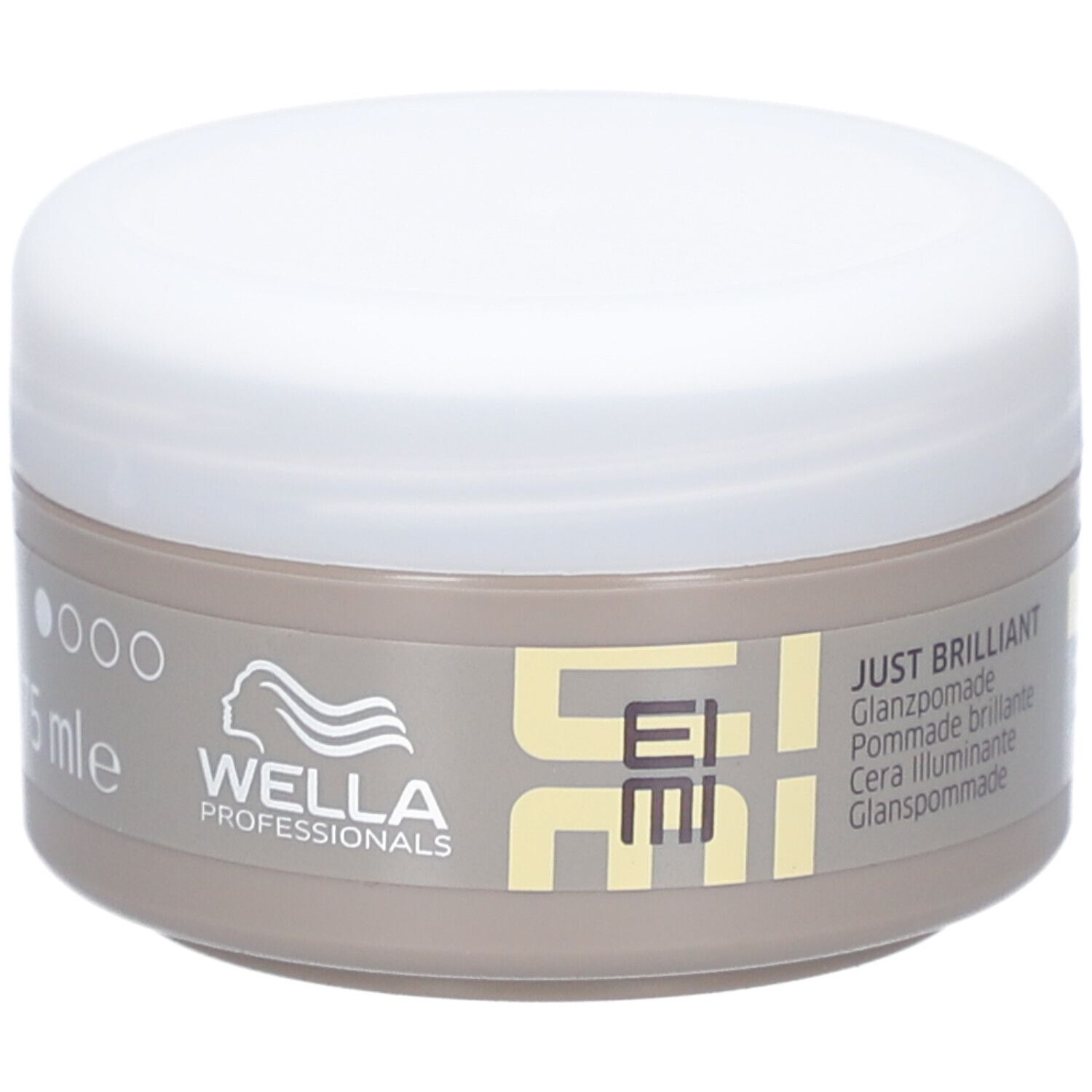 Potje met witte deksel. Opschrift: JUST BRILLIANT, Glanzpomade, Cera illuminante, Glanspommade. Logo: WELLA PROFESSIONALS, EIMI.