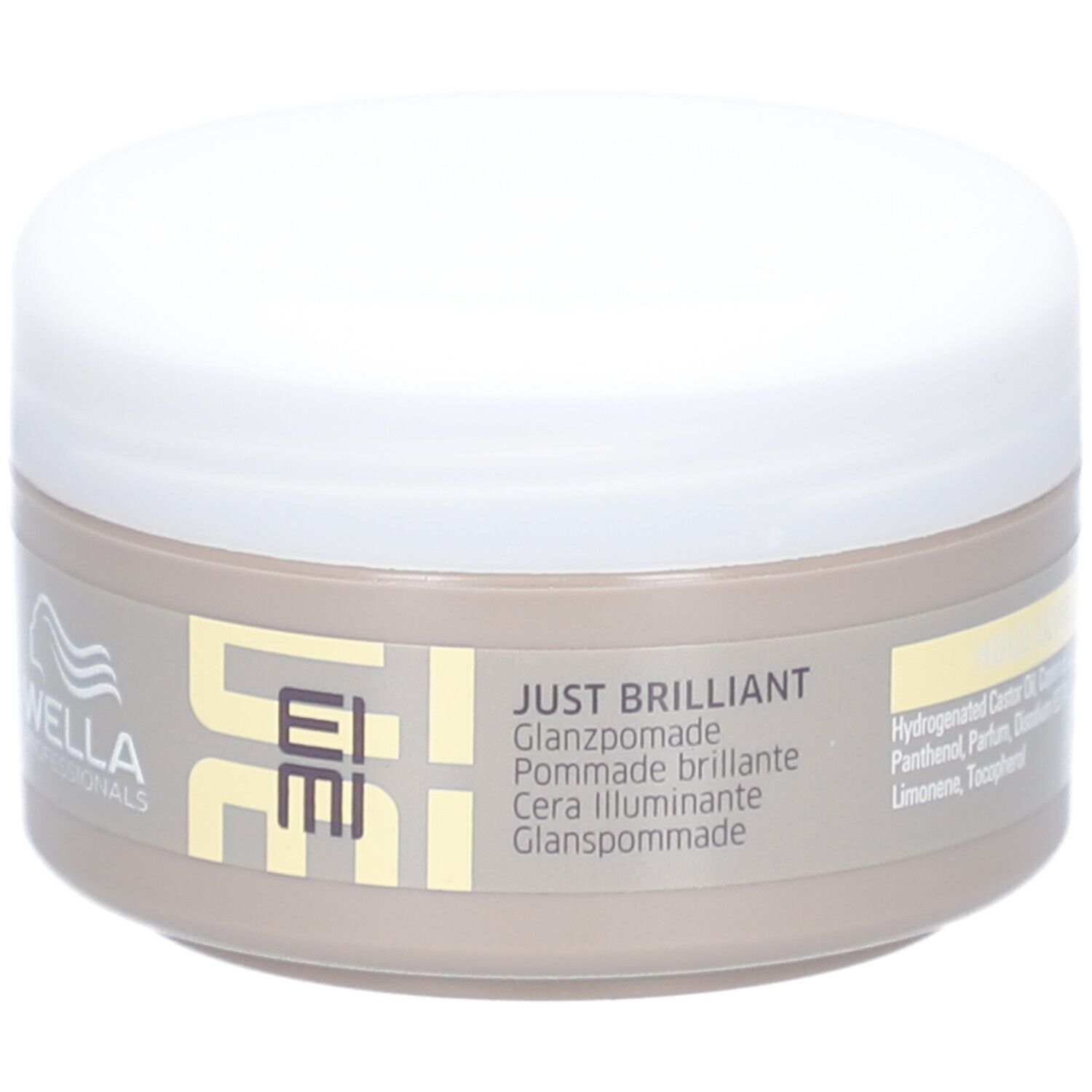 Potje met witte deksel. Opschrift: JUST BRILLIANT, Glanzpomade, Cera illuminante, Glanspommade. Logo: WELLA PROFESSIONALS, EIMI.