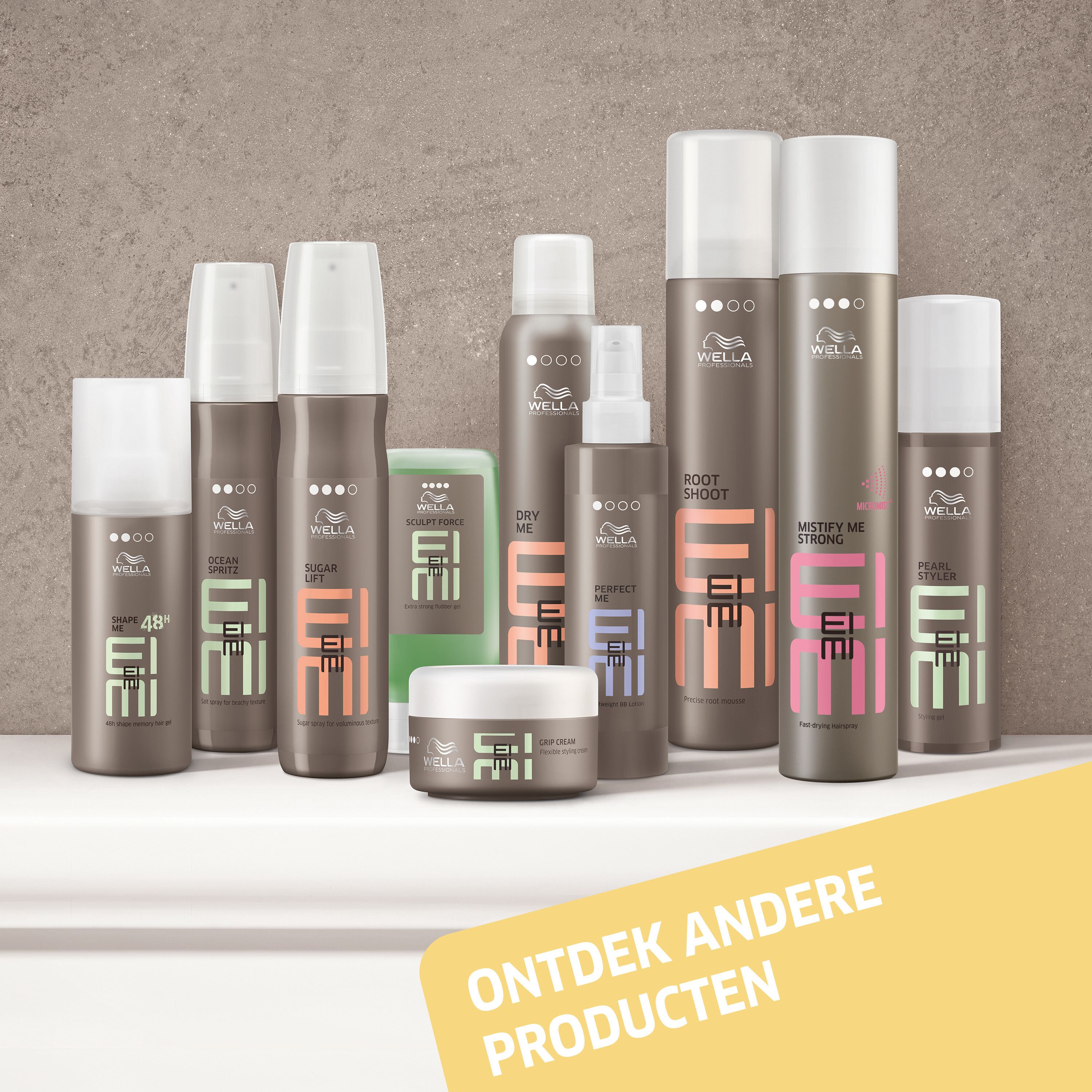 Verschillende EIMI producten. Logo: WELLA PROFESSIONALS, EIMI. Tekst: ONTDEK ANDERE PRODUCTEN.