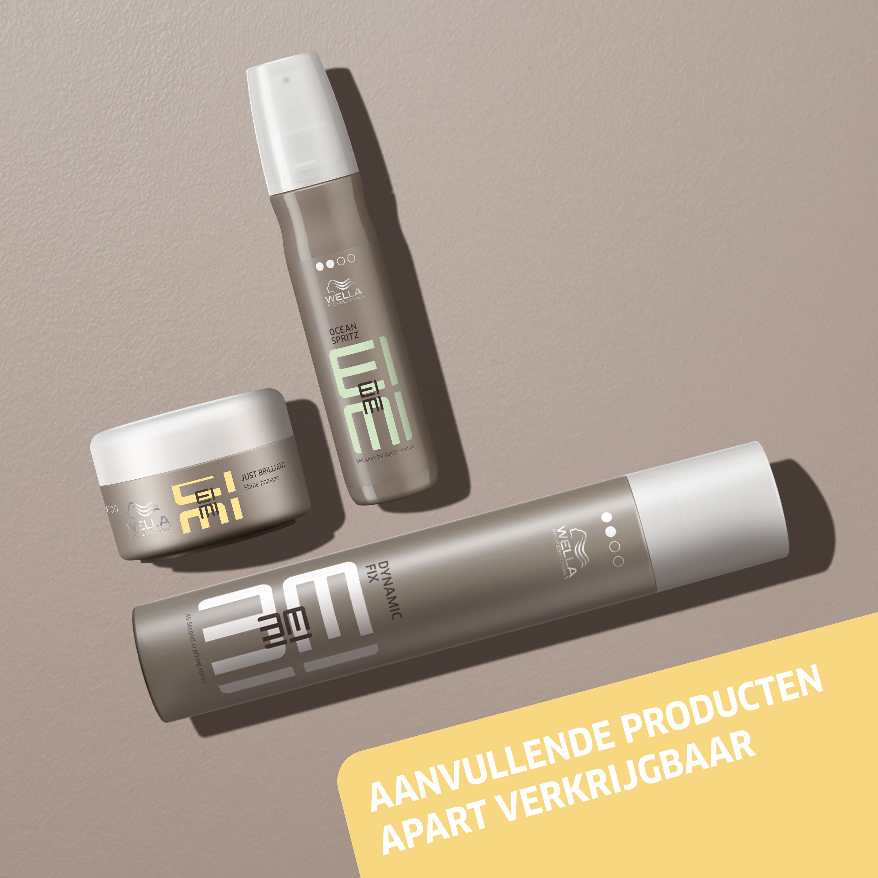 Drie EIMI producten. Logo: WELLA PROFESSIONALS, EIMI. Tekst: AANVULLENDE PRODUCTEN APART VERKRIJGBAAR.