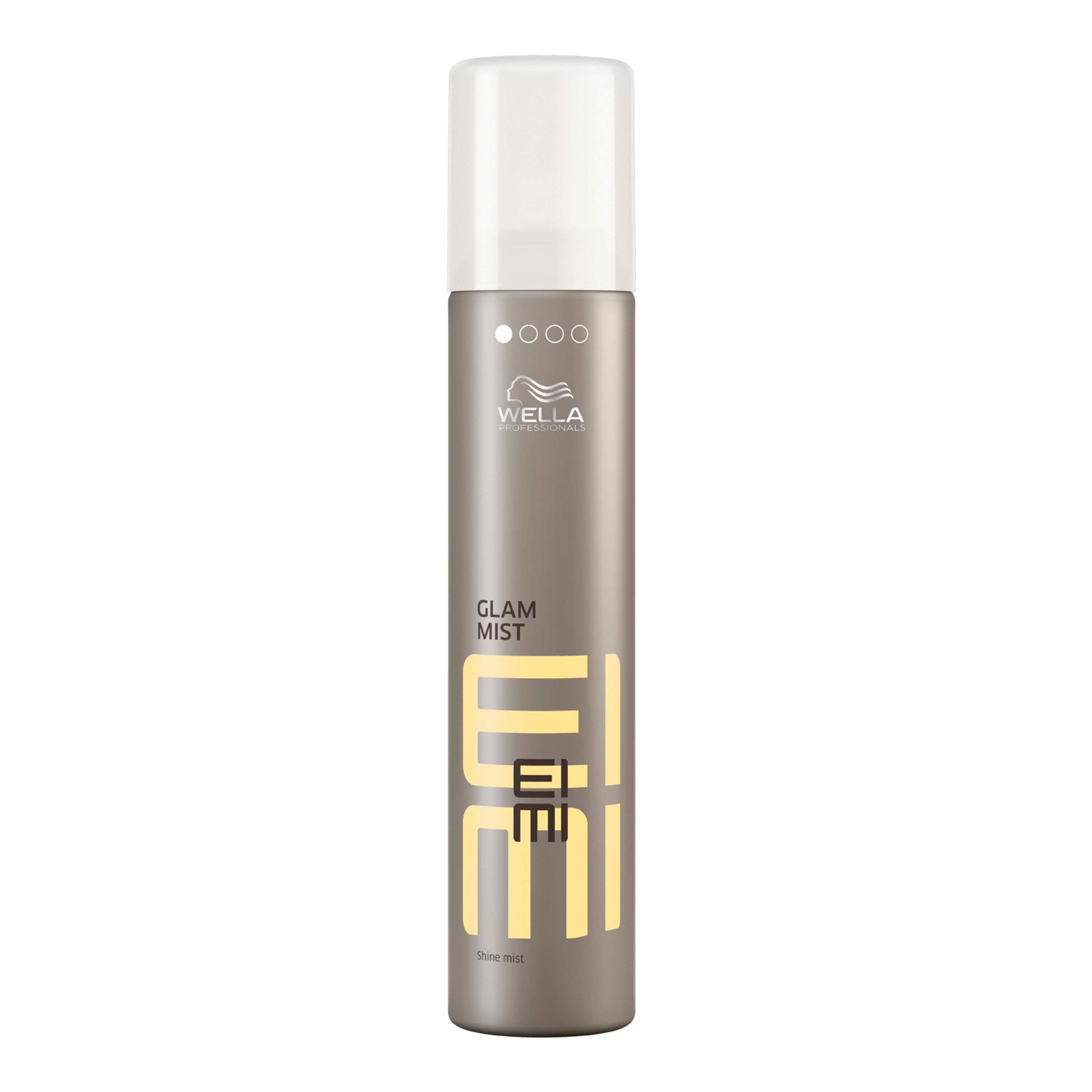 Haarspraybus met witte dop. Opschrift: EIMI Glam Mist. Bruine bus met gele tekst.