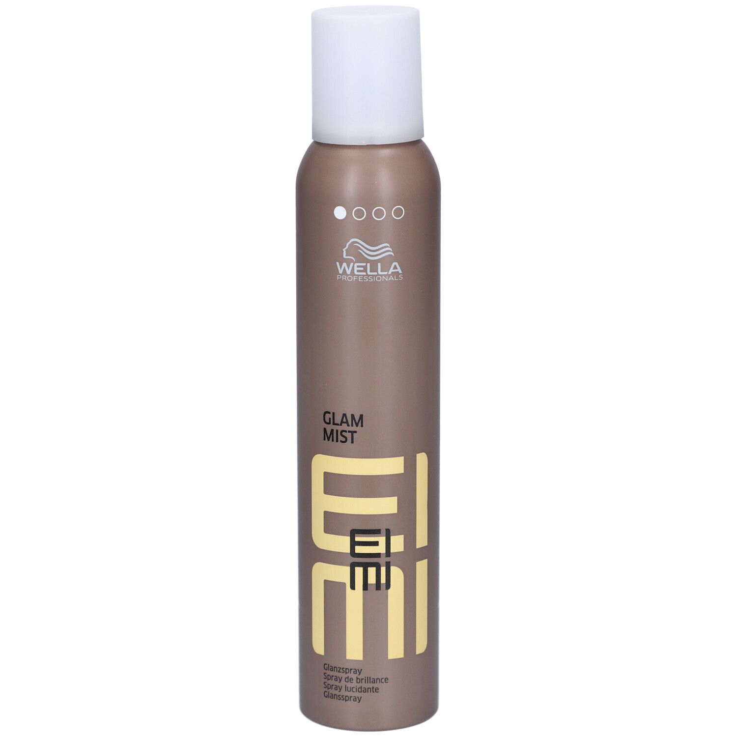 Haarspraybus met witte dop. Opschrift: EIMI Glam Mist. Bruine bus met gele tekst.