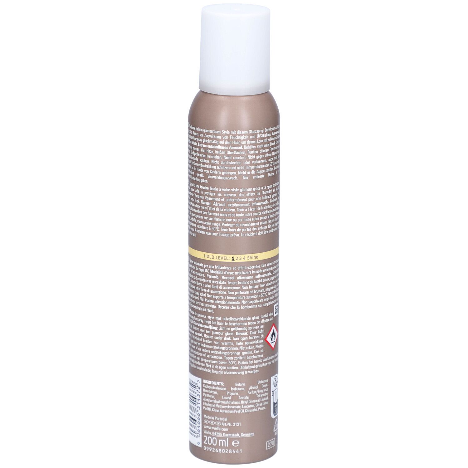 Haarspraybus, bruin met witte dop. Achterkant met tekst. Volume-aanduiding: 200 ml.