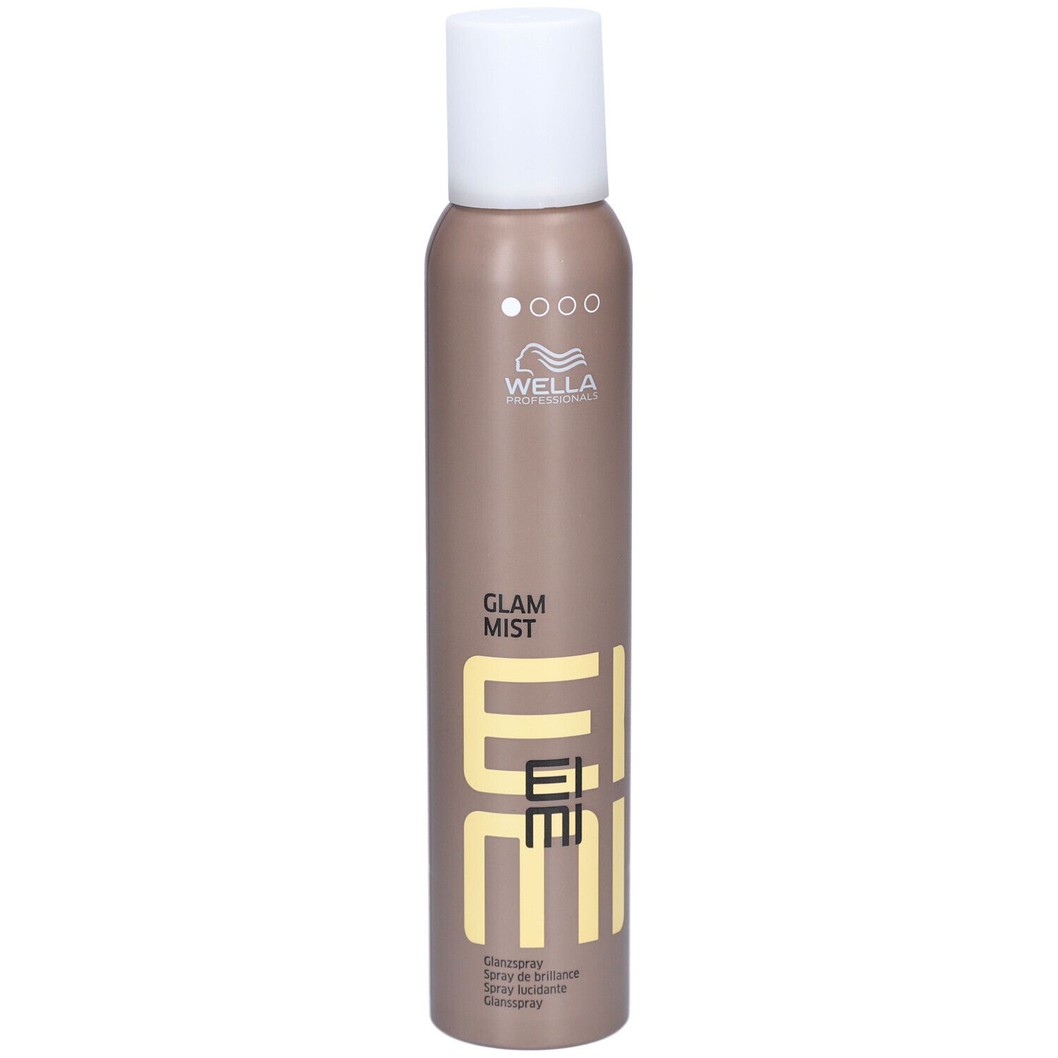 Haarspraybus met witte dop. Opschrift: EIMI Glam Mist. Bruine bus met gele tekst.