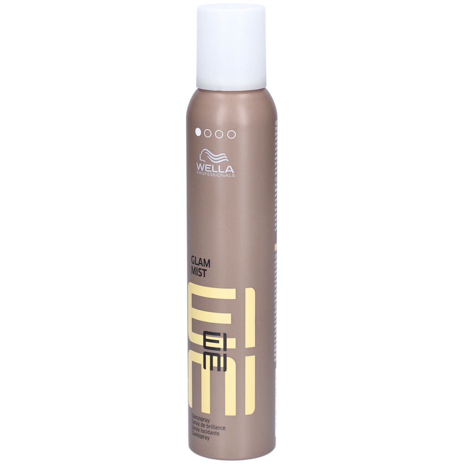 Haarspraybus met witte dop. Opschrift: EIMI Glam Mist. Bruine bus met gele tekst.